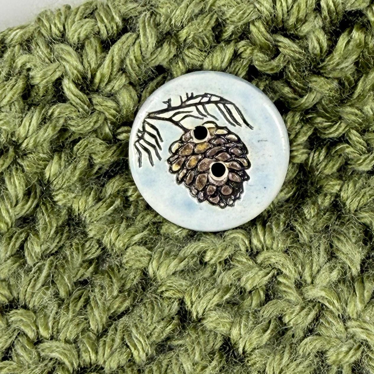 Pinecone with Pine Branch on Blue Round Ceramic Buttons