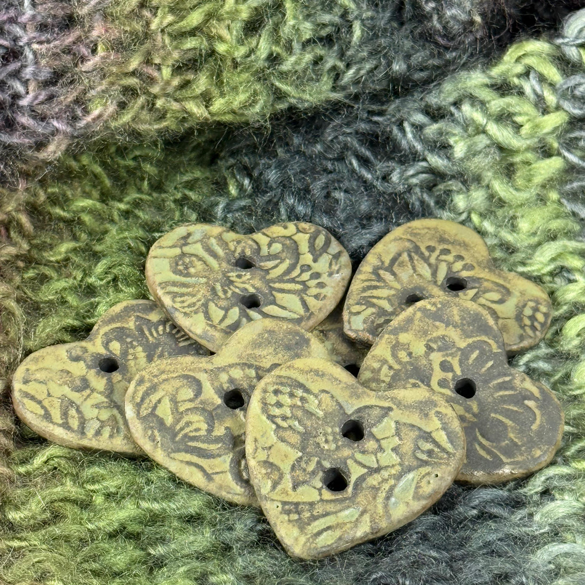 Matcha Green Floral Pattern on Black Porcelain Heart Button