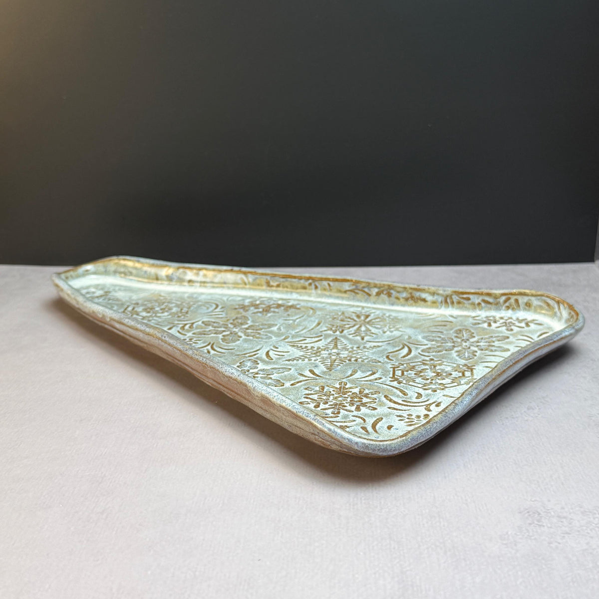 MCM Tree Shaped Tray with Snowflake Pattern White on Brown Stoneware