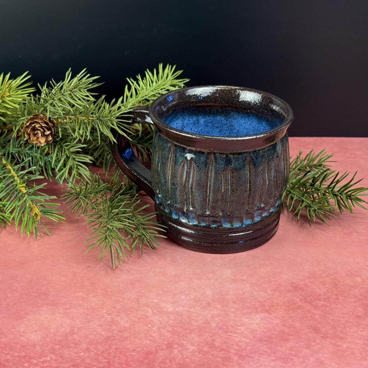 Midnight Blue and Brown Carved Rustic Mug