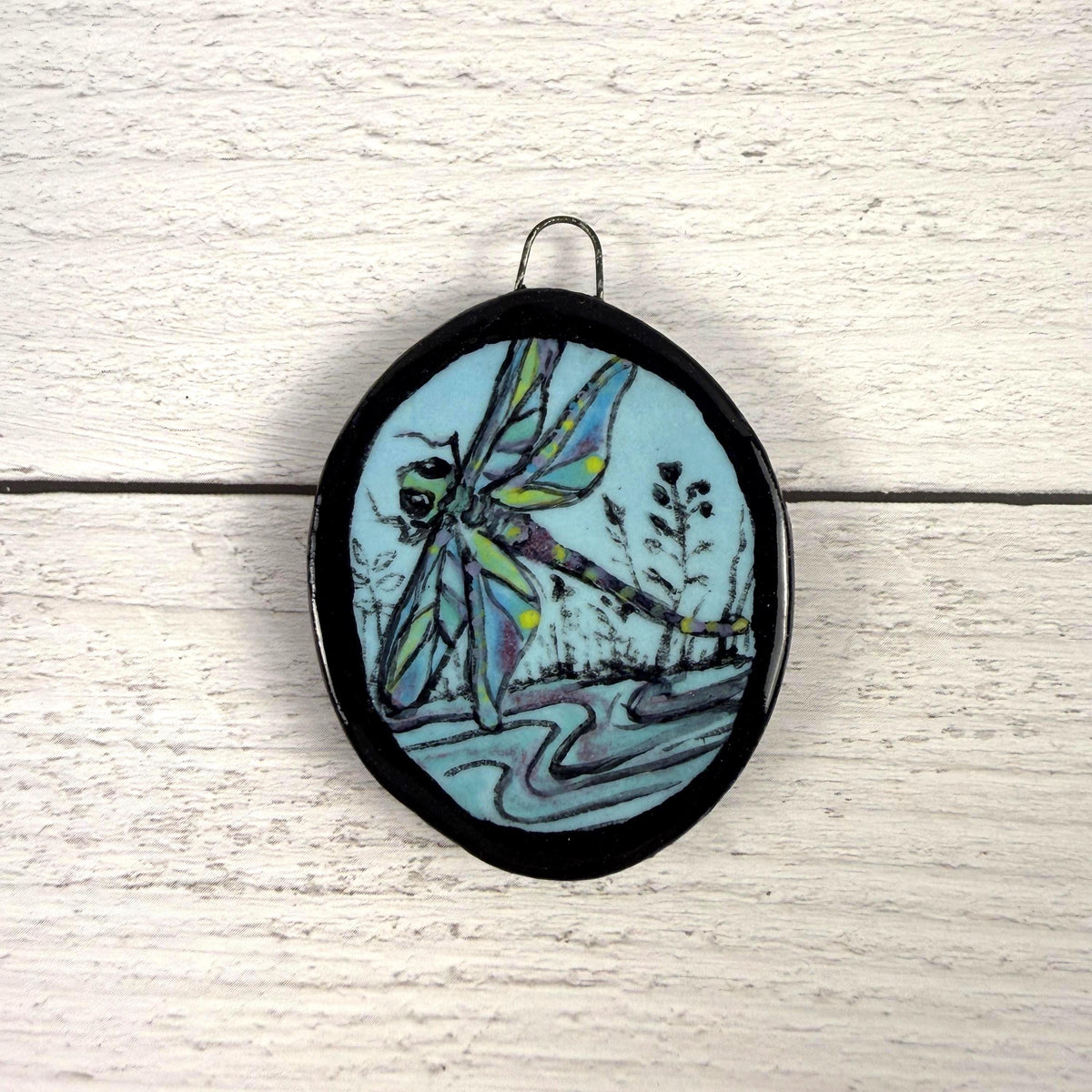 Dragonfly on Blue Oval Ceramic Pendant