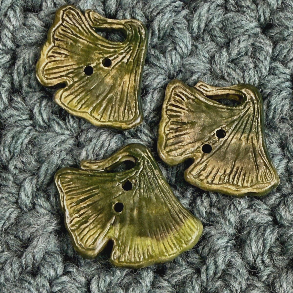Carved Green Ginkgo Ceramic Button with Dark Green Details