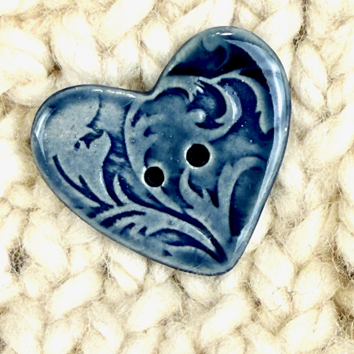 Dark Blue Patterned Heart Ceramic Button