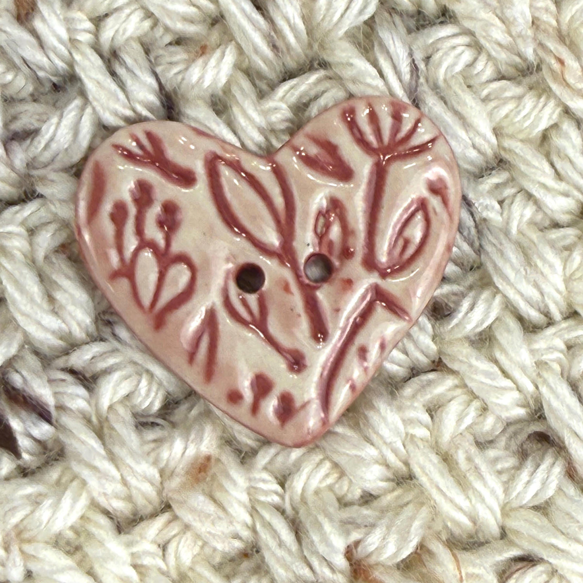 Red and Pale Pink Floral Patterned Heart Ceramic Button