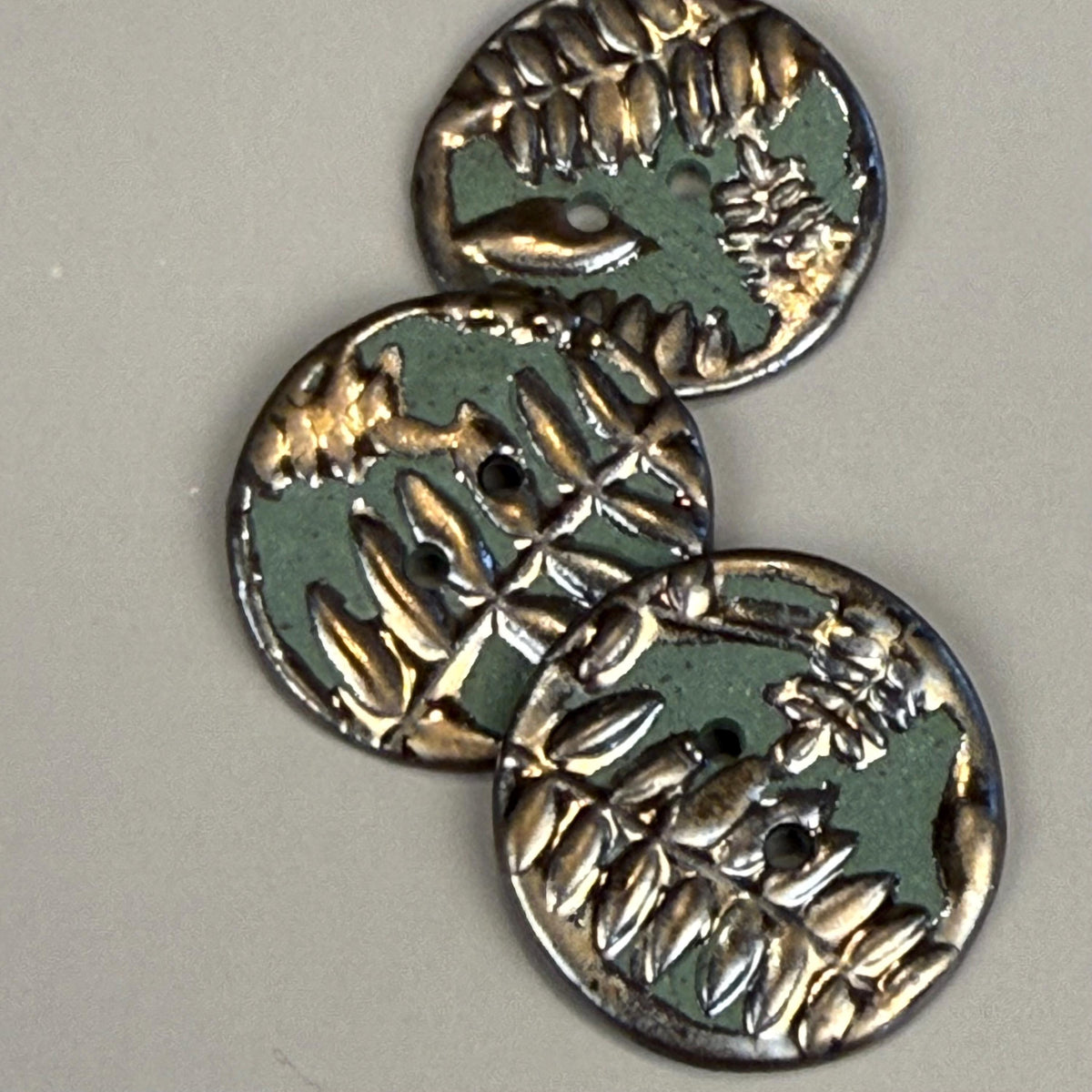 Gold Fern Leaves on Green Porcelain Round Buttons