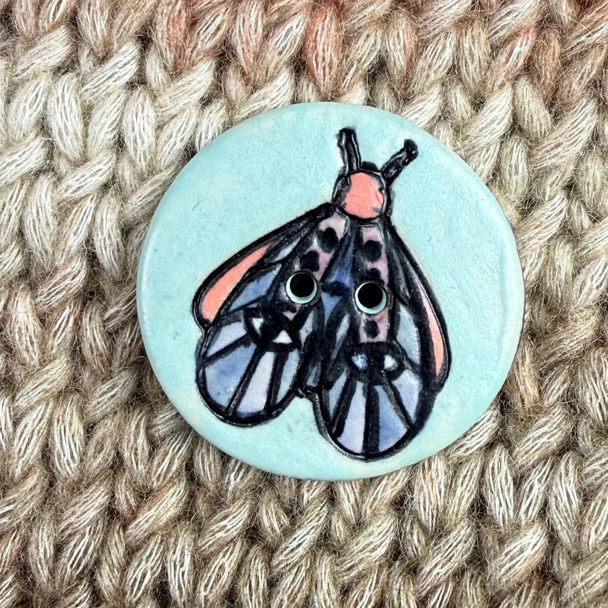 Blue Moth with Eyes on Aqua Blue Ceramic Button