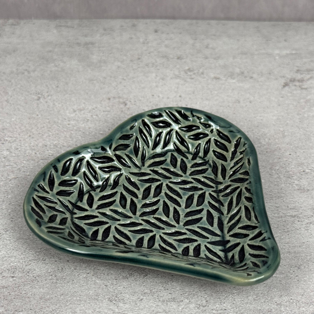 Sage Green Leaf Patterned Heart Shaped Dish