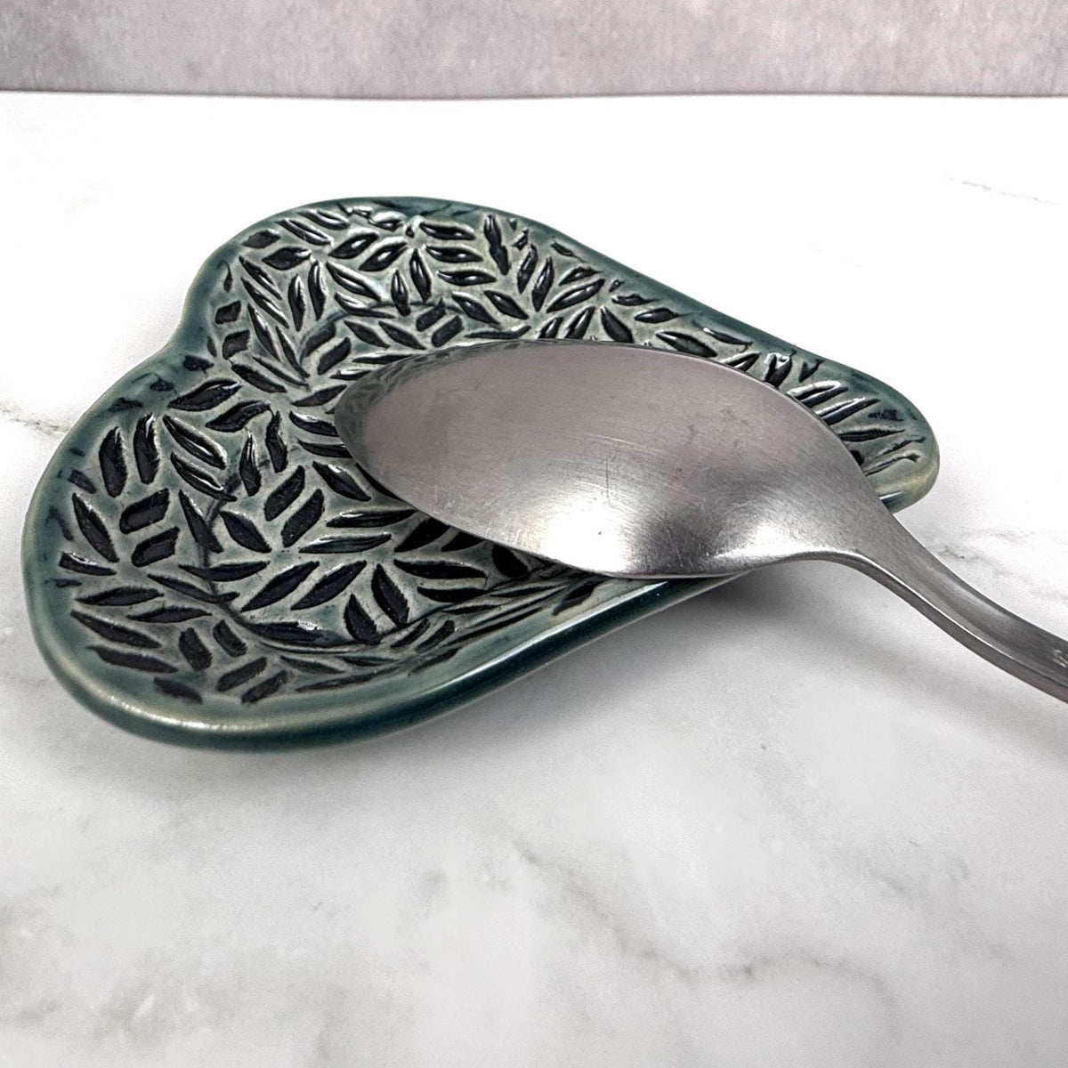 Sage Green Leaf Patterned Heart Shaped Dish