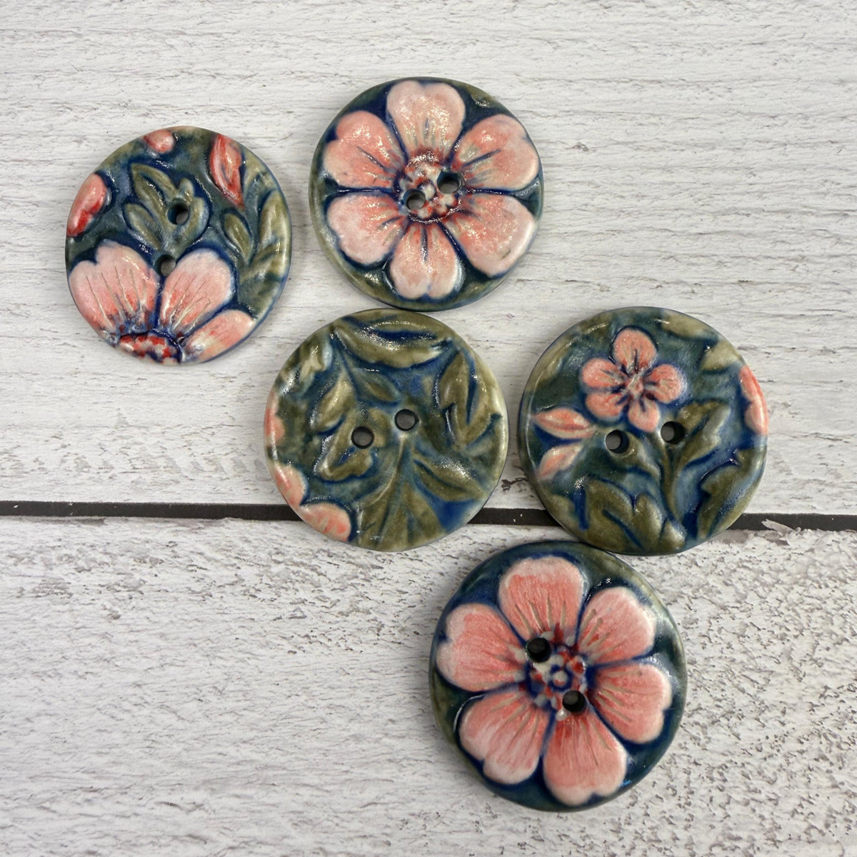 Pink Flowers with Green Leaves Ceramic Buttons