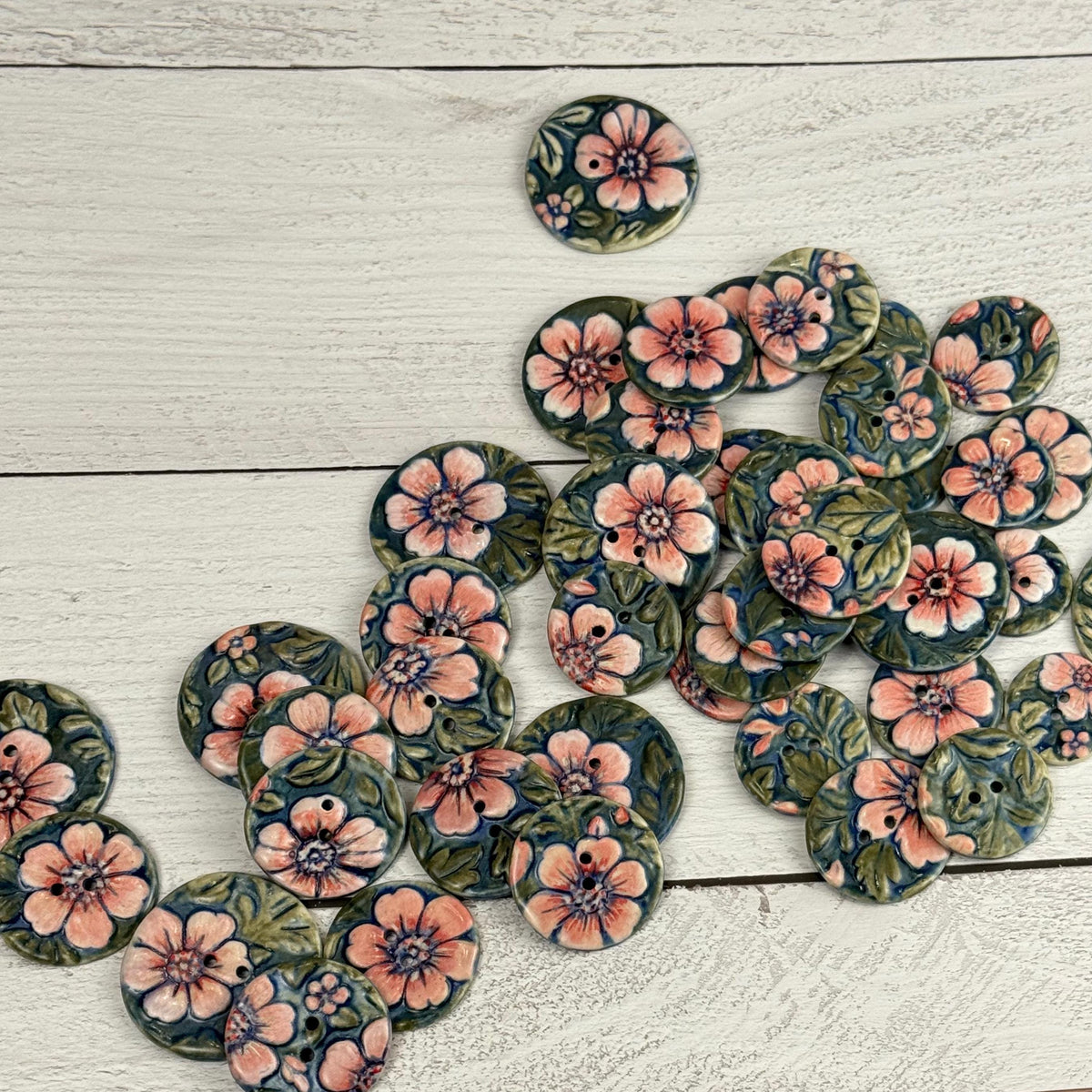 Pink Flowers with Green Leaves Ceramic Buttons