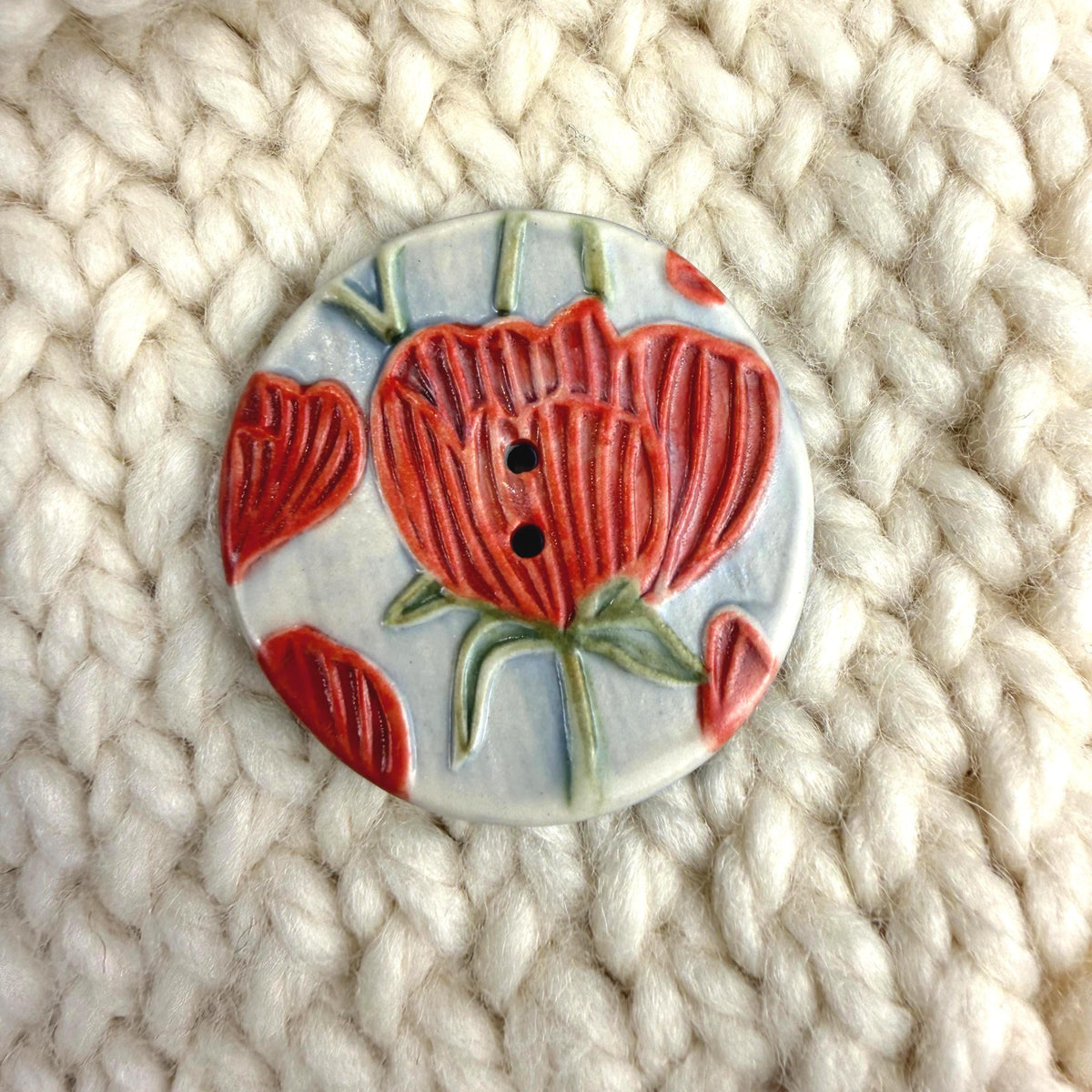 Bright Red Poppies on Blue Round Buttons