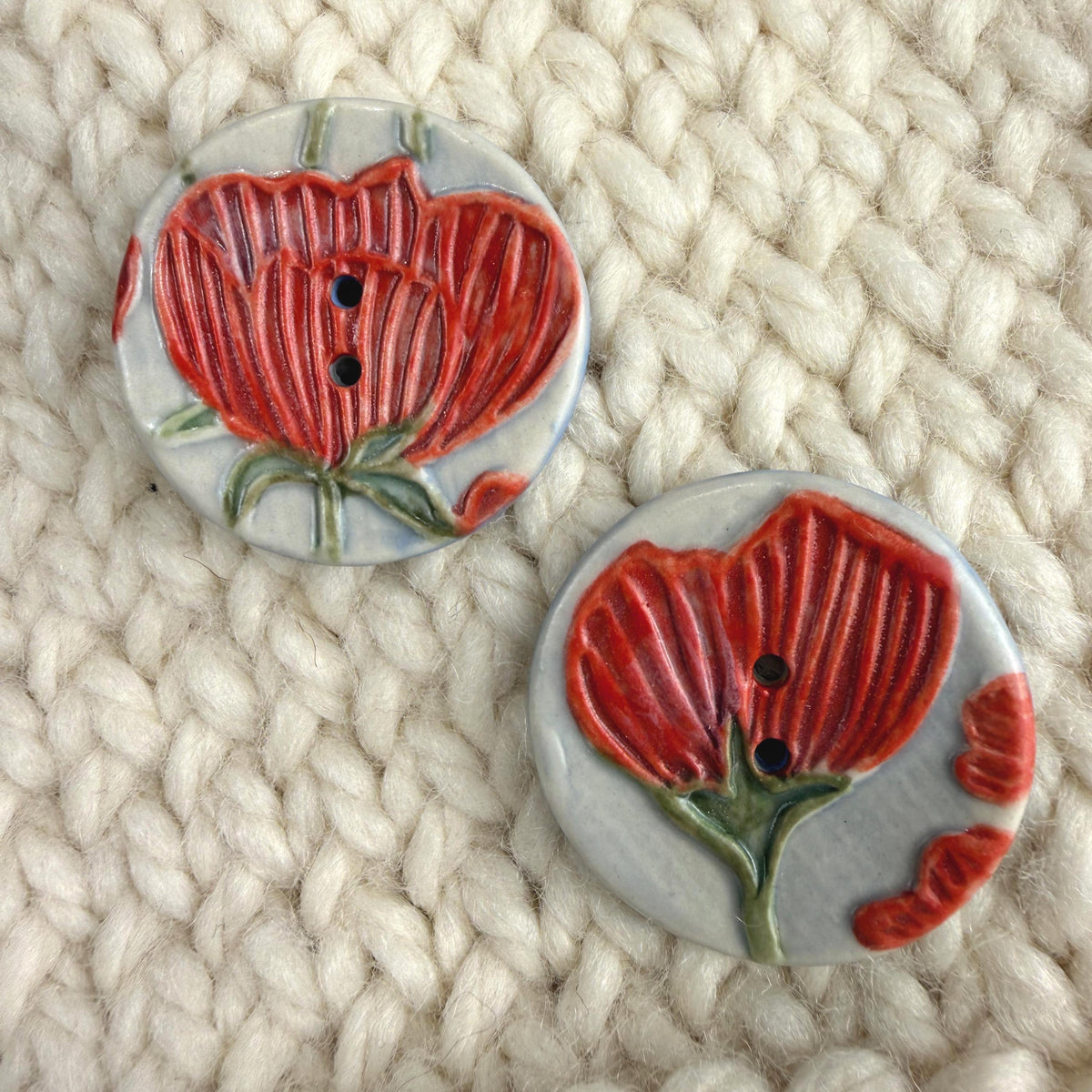 Bright Red Poppies on Blue Round Buttons