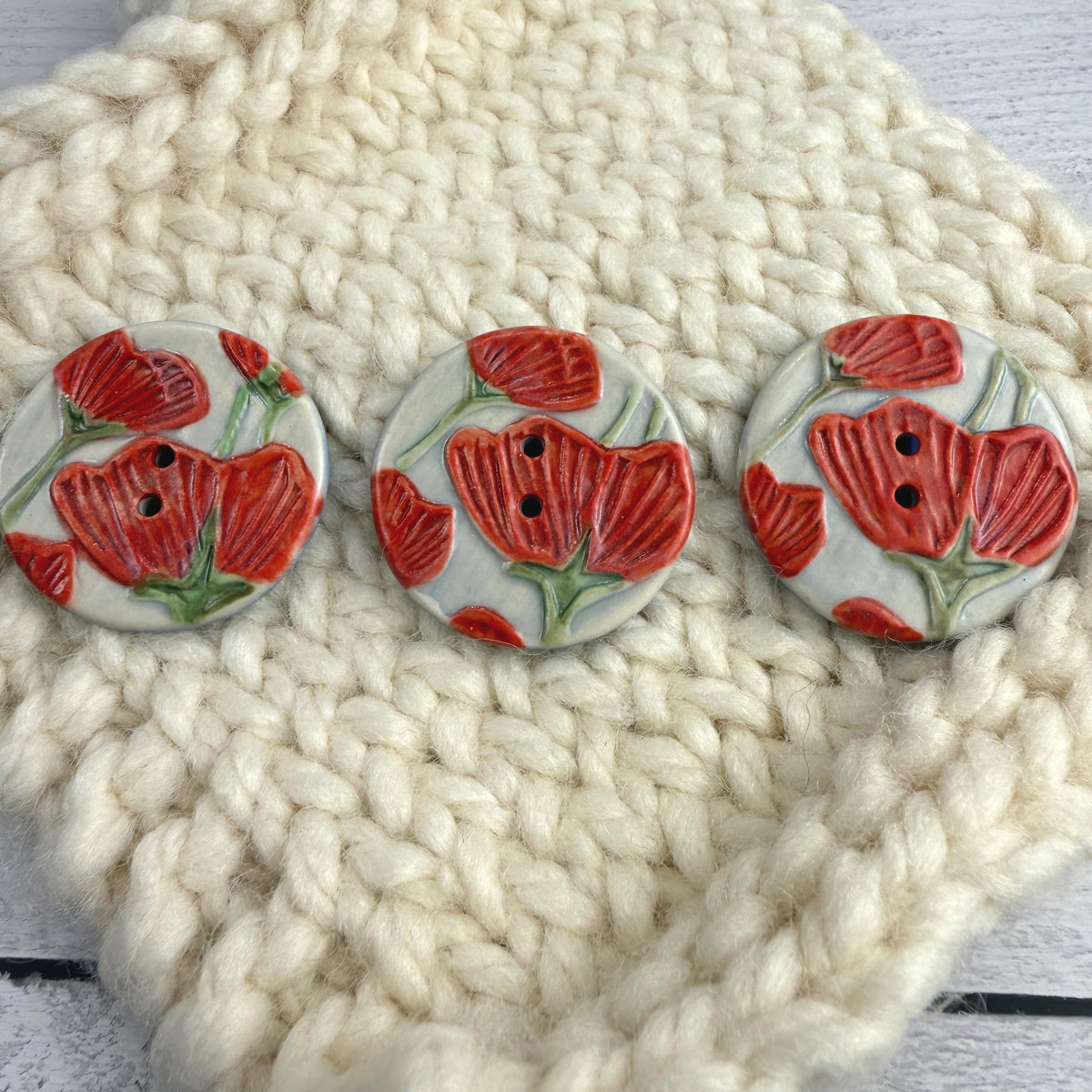 Bright Red Poppies on Blue Round Buttons