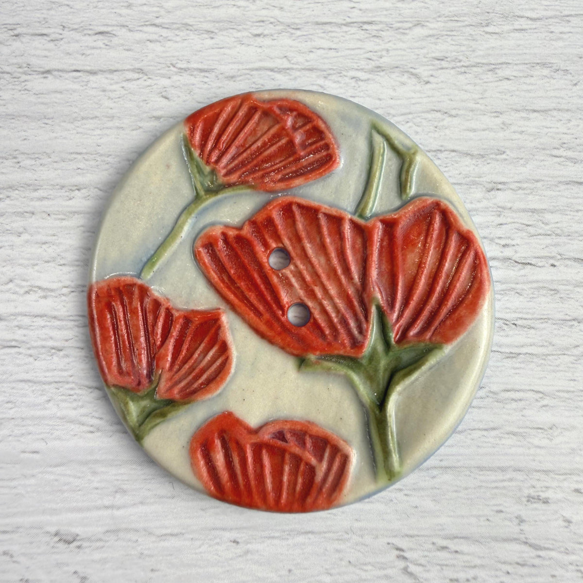 Bright Red Poppies on Blue Round Buttons