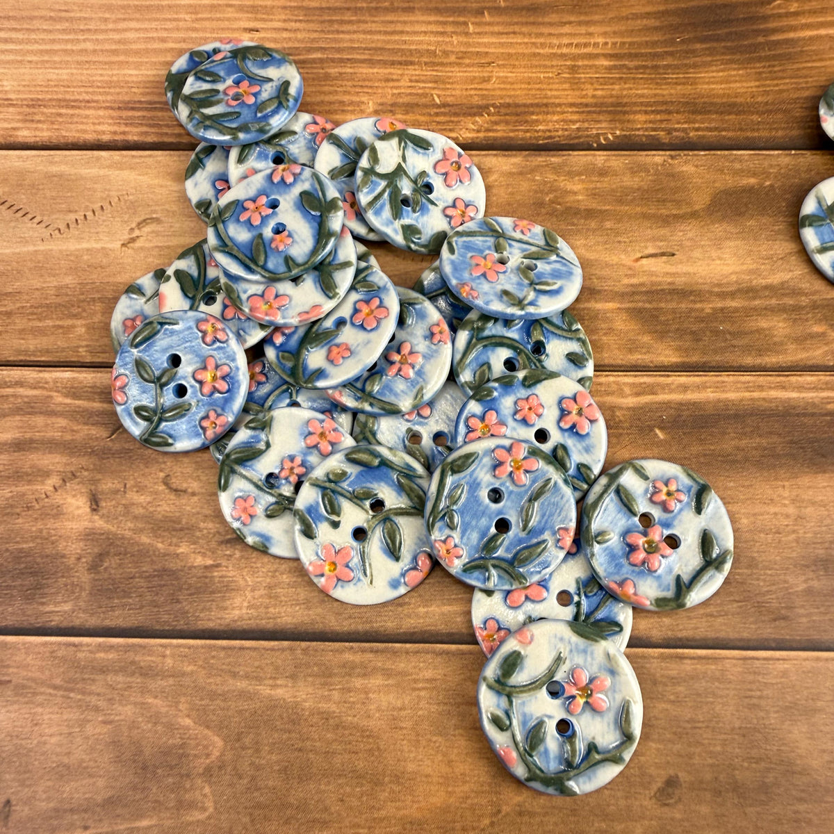 Pink Flowers on White and Blue Buttons