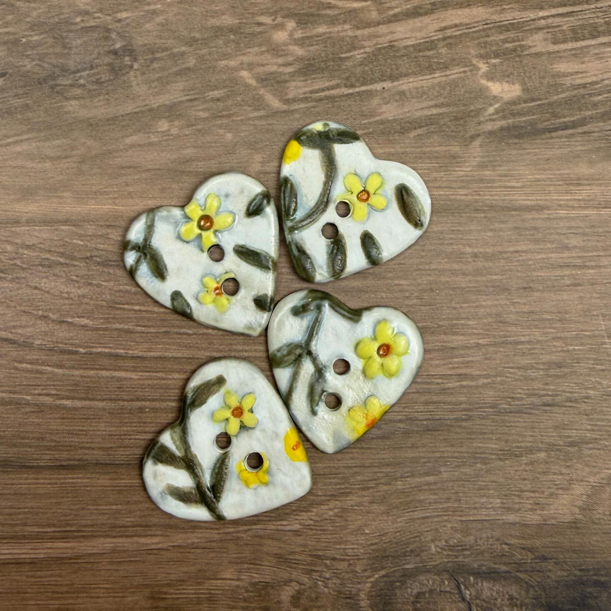Yellow Flowers on White Heart Buttons