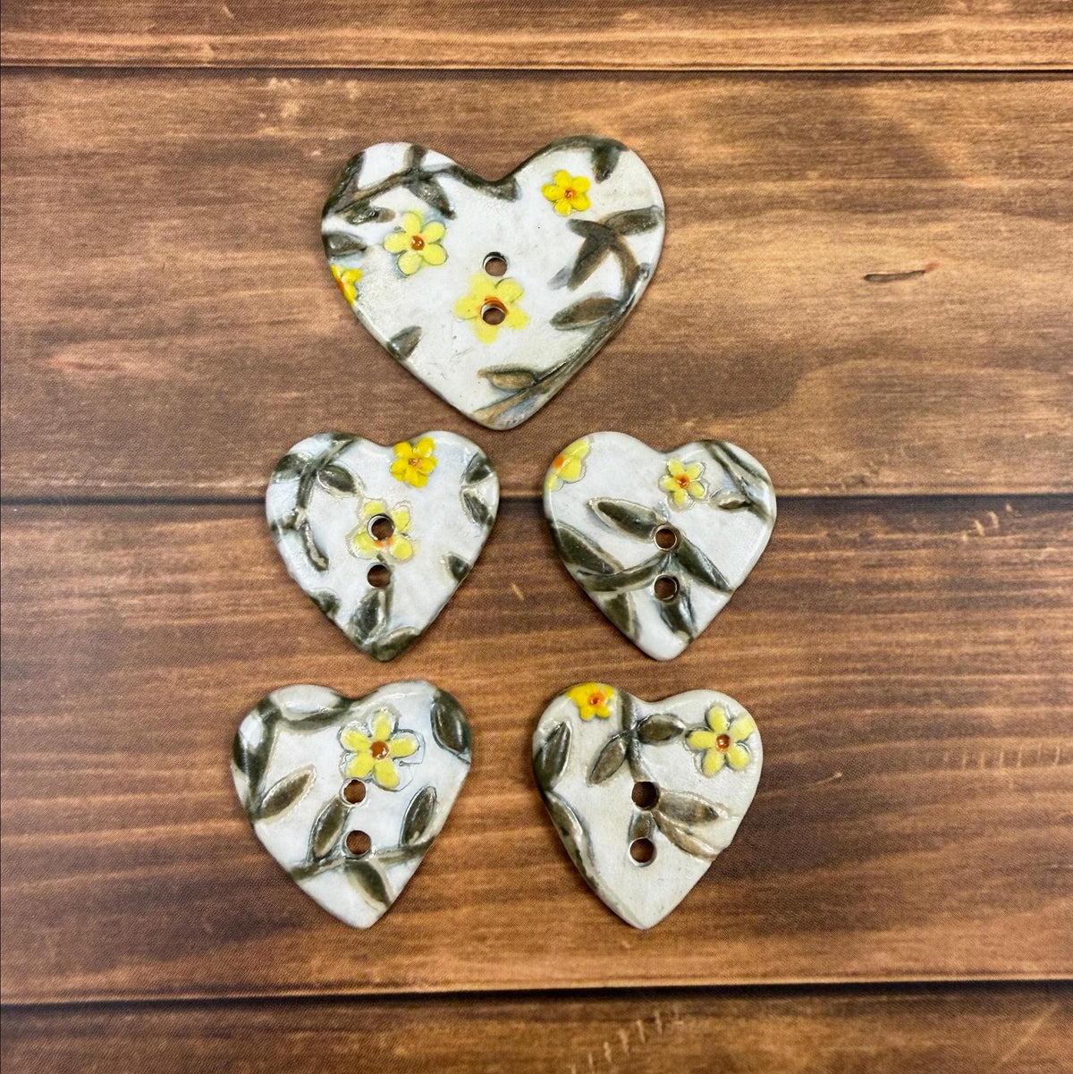 Yellow Flowers on White Heart Buttons