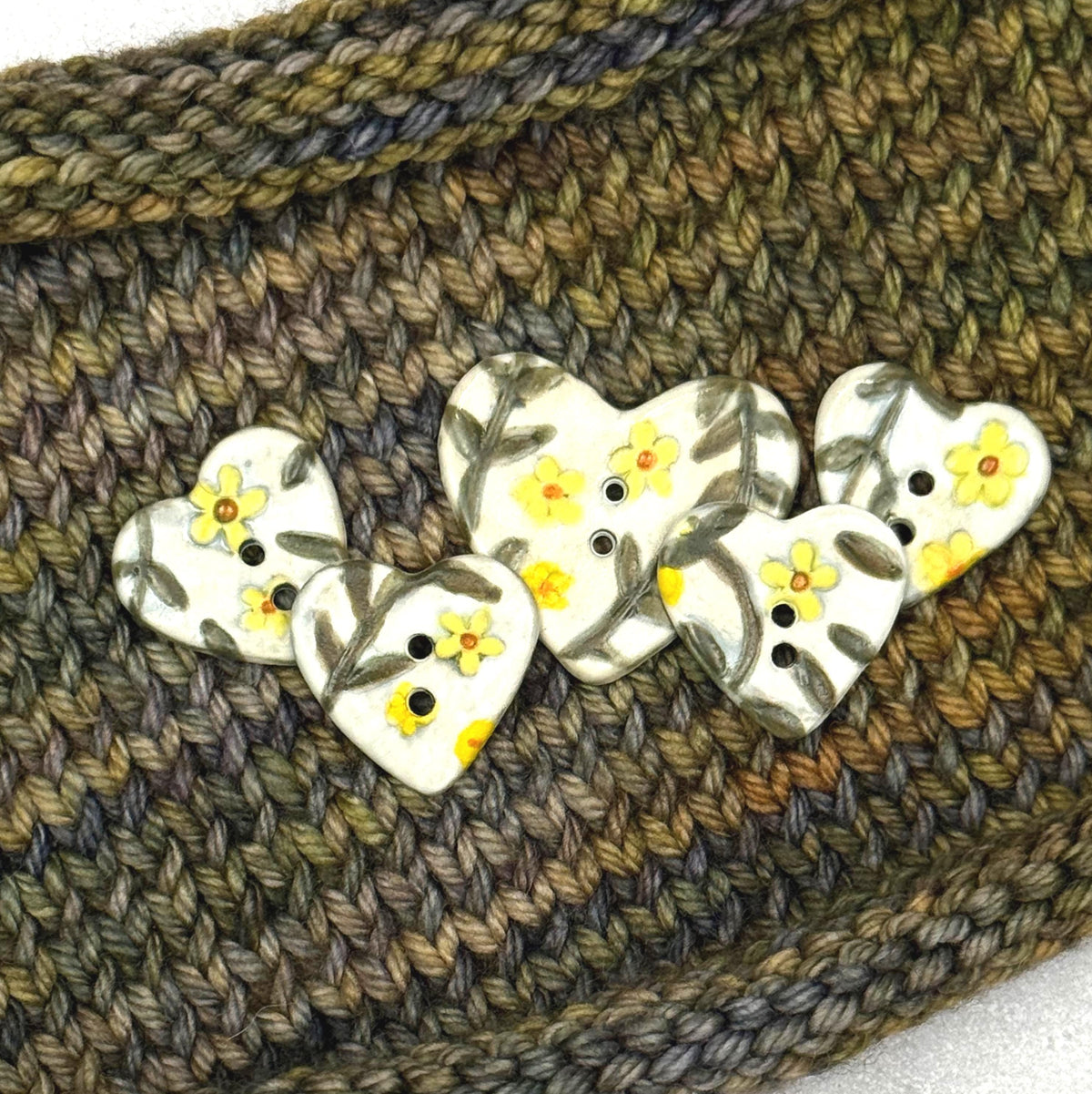 Yellow Flowers on White Heart Buttons