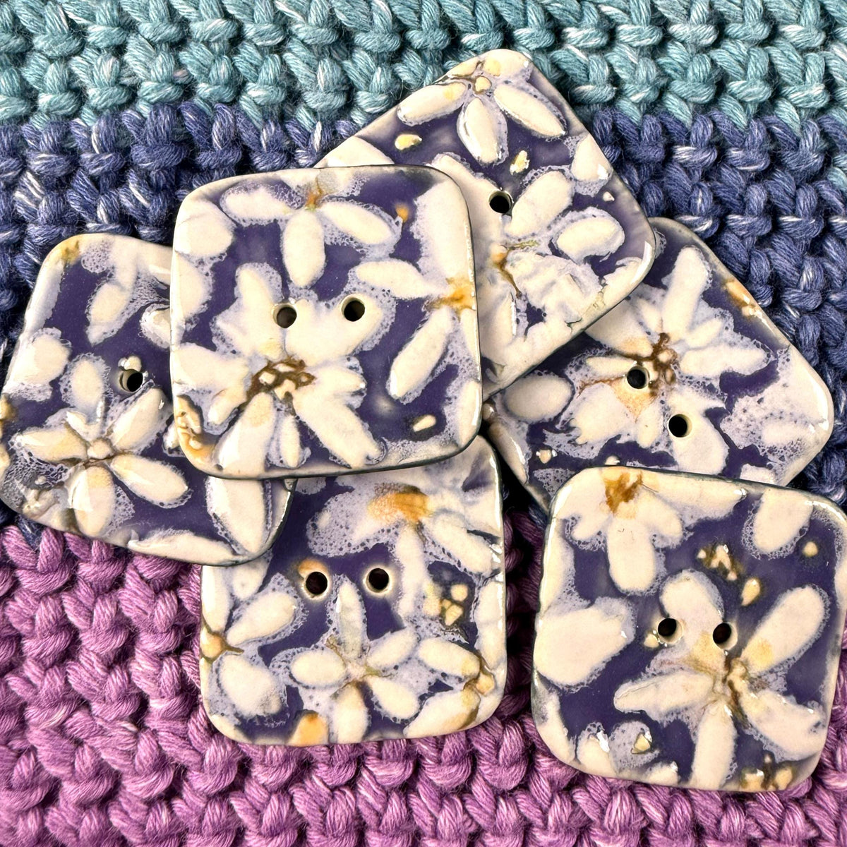 White Flowers on Purple Square Buttons