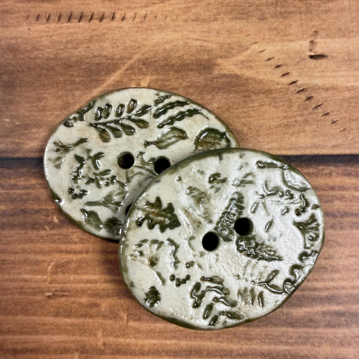 Mushrooms and Leaves Green and Off White Buttons