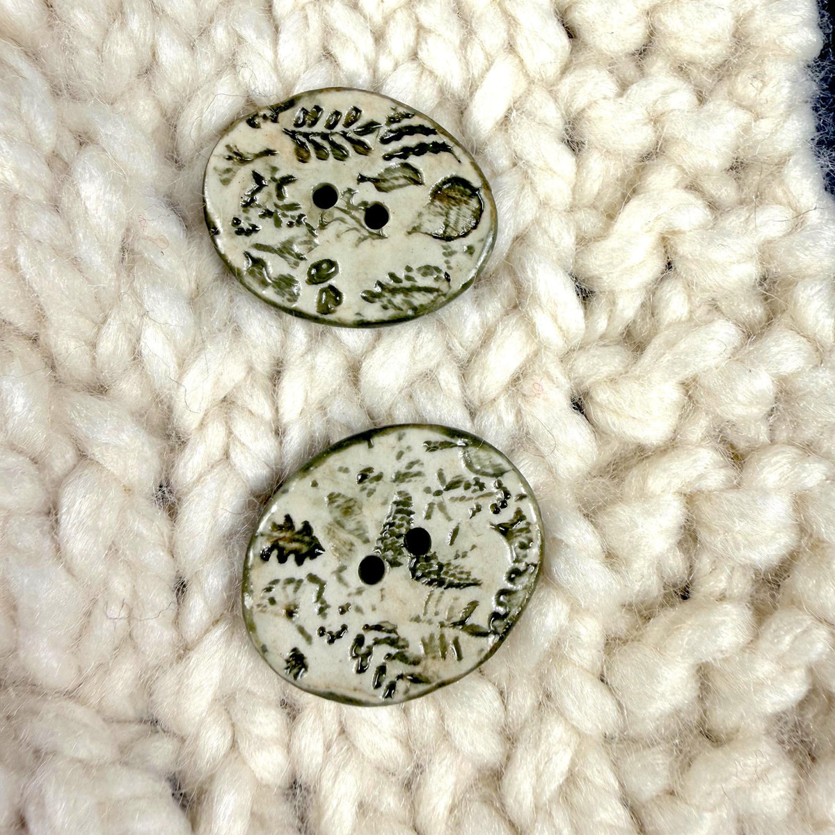 Mushrooms and Leaves Green and Off White Buttons