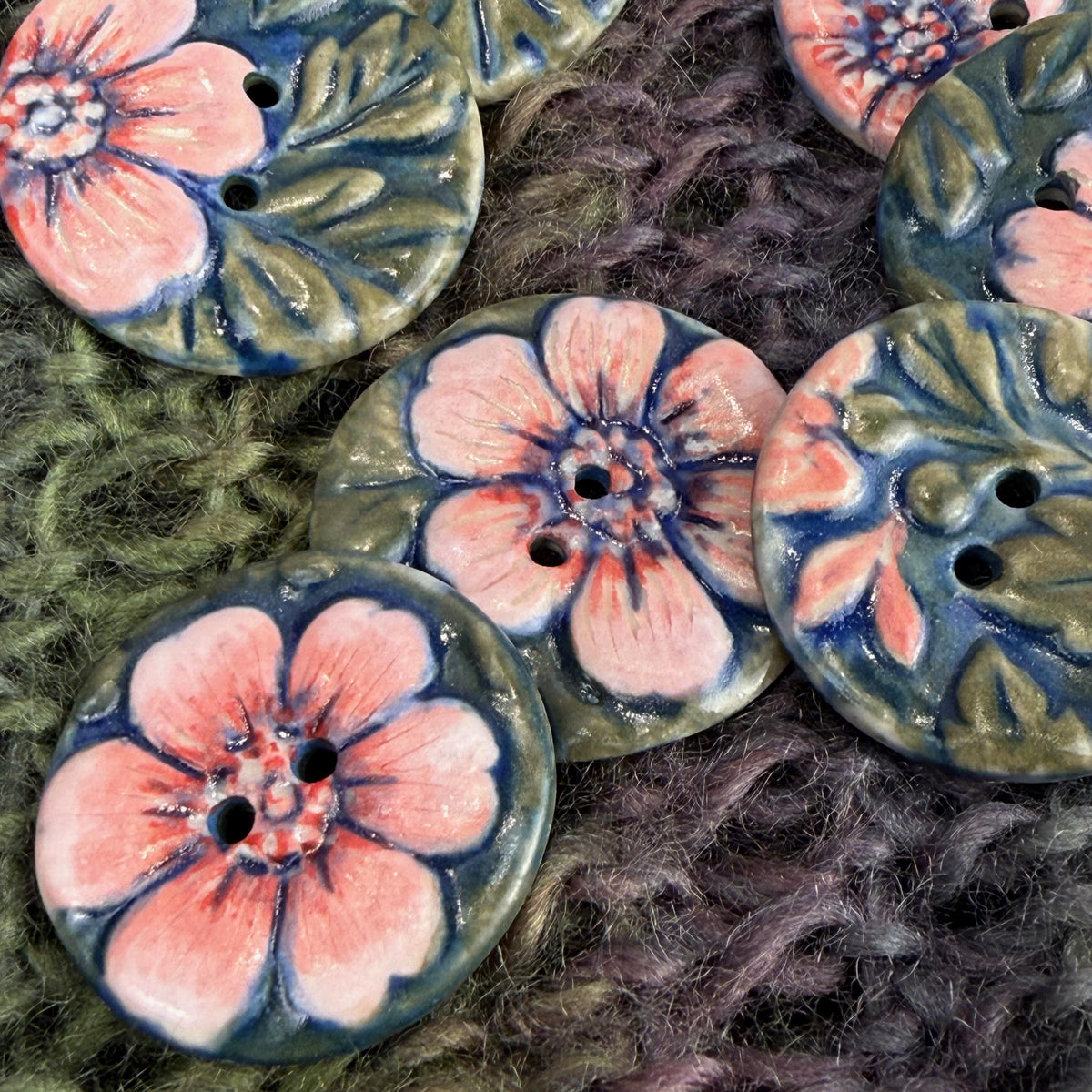 Pink Flowers with Green Leaves Ceramic Buttons