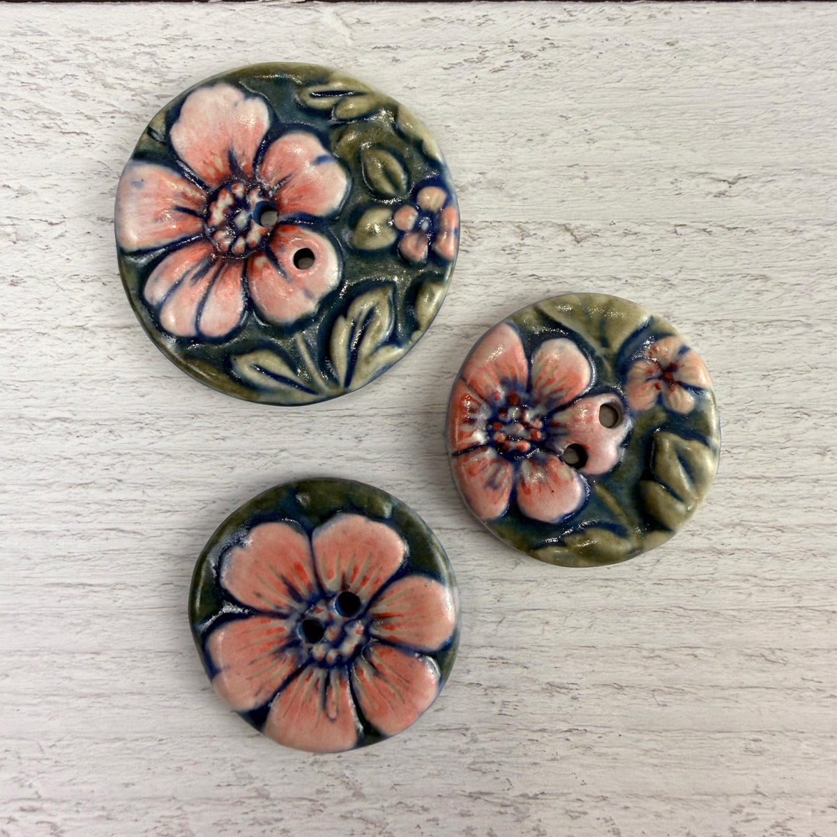 Pink Flowers with Green Leaves Ceramic Buttons