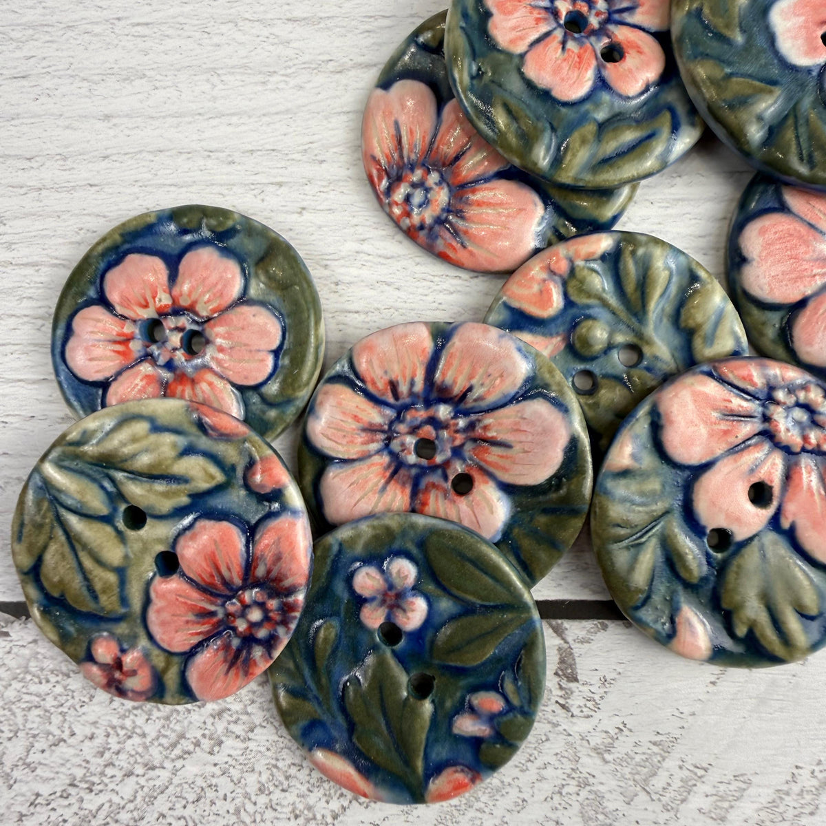 Pink Flowers with Green Leaves Ceramic Buttons