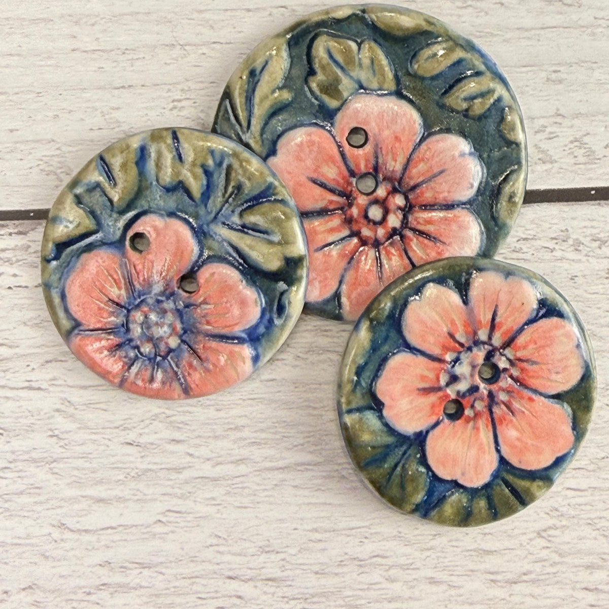 Pink Flowers with Green Leaves Ceramic Buttons