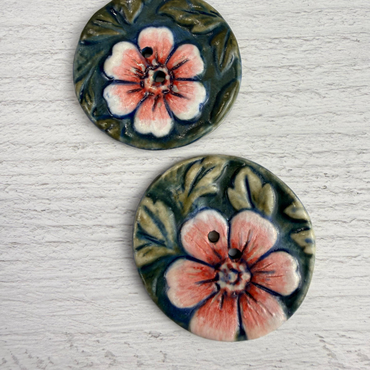 Pink Flowers with Green Leaves Ceramic Buttons
