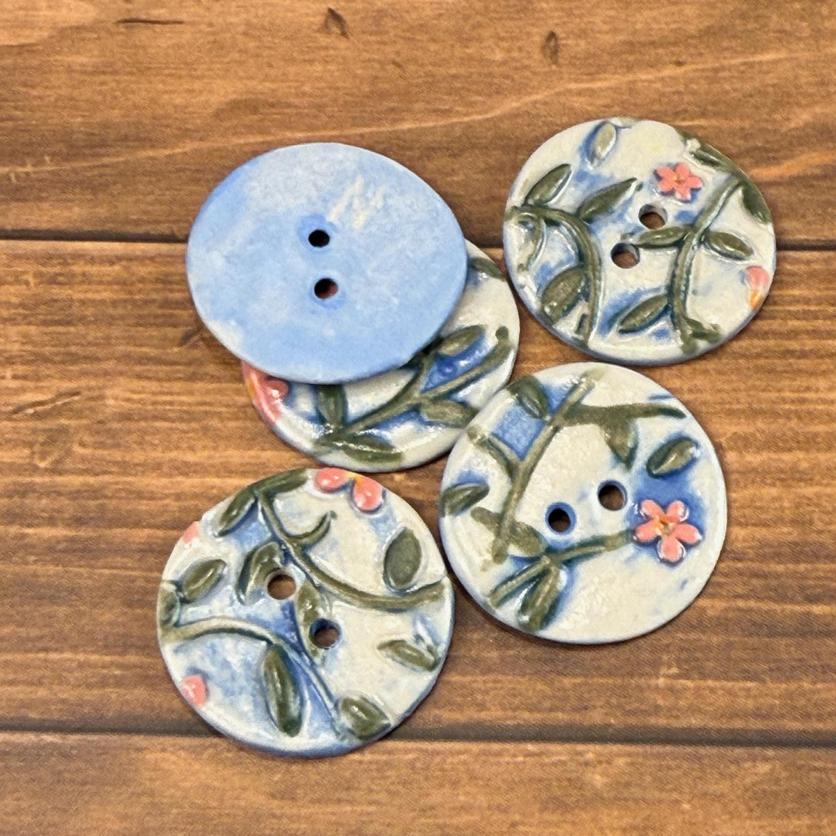 Pink Flowers on White and Blue Buttons