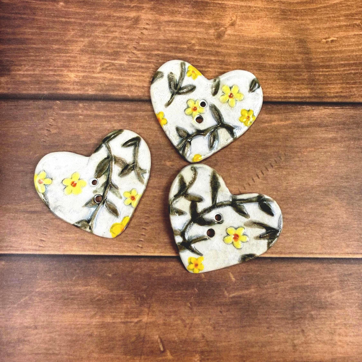 Yellow Flowers on White Heart Buttons