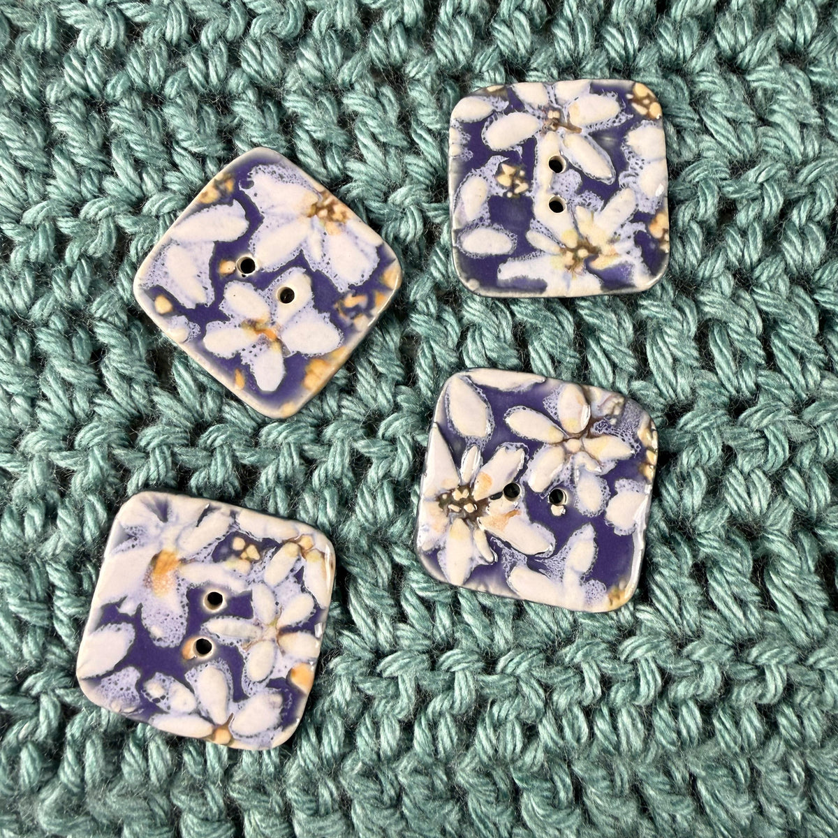 White Flowers on Purple Square Buttons