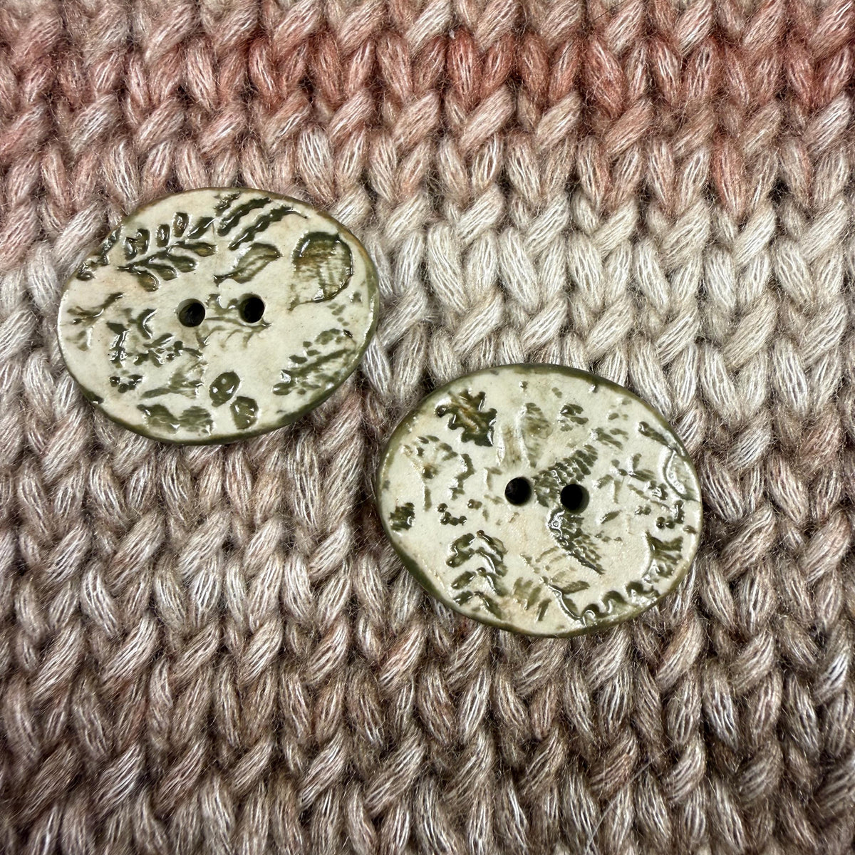 Mushrooms and Leaves Green and Off White Buttons
