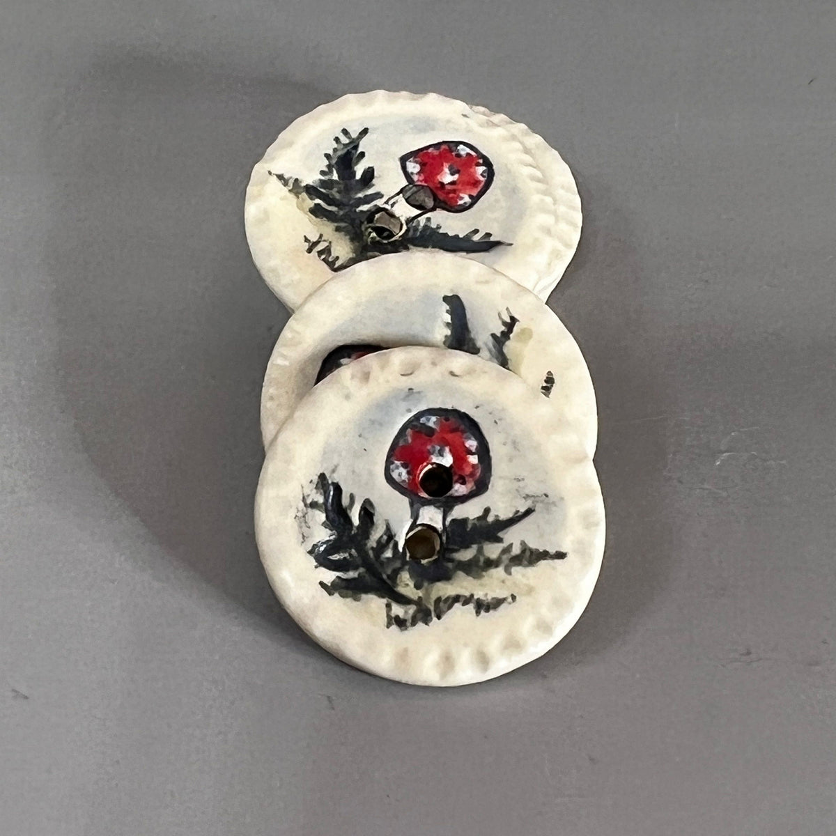 Red and White Cap Mushroom with Fern on White Round Button