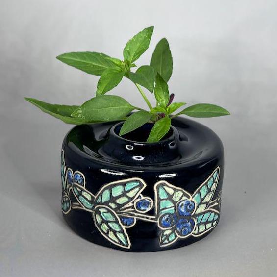 Decorative Blue Berries and Leaves Sgraffito Design Bud Vase