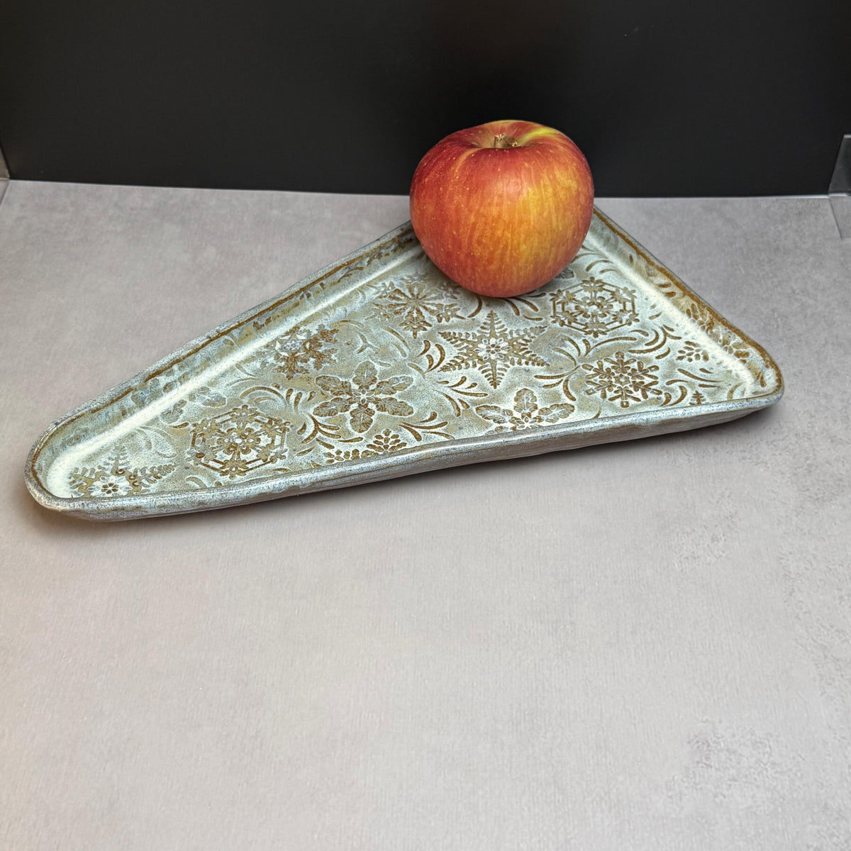 MCM Tree Shaped Tray with Snowflake Pattern White on Brown Stoneware
