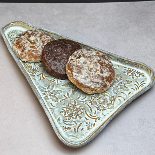 MCM Tree Shaped Tray with Snowflake Pattern White on Brown Stoneware