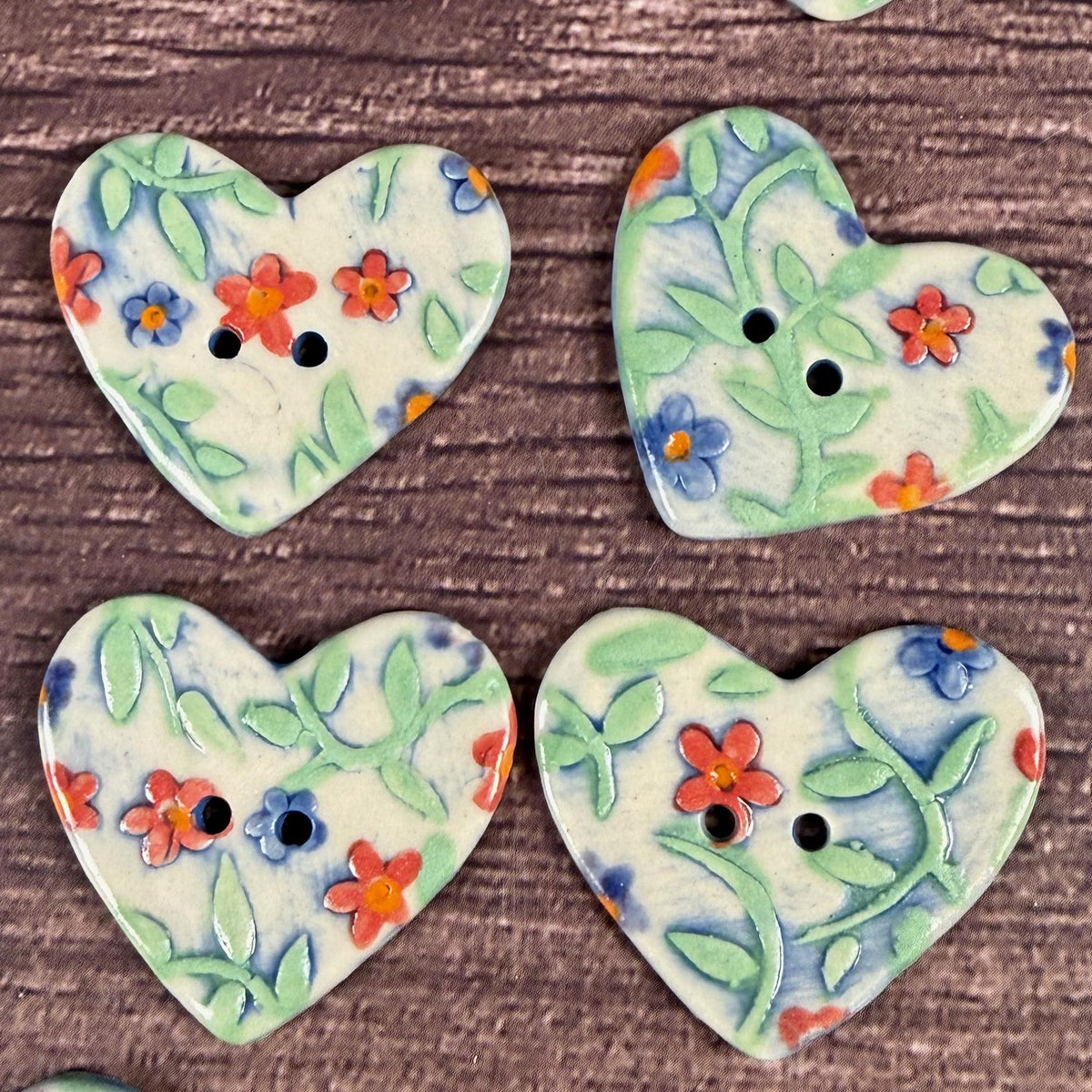 Handmade Ceramic Heart Buttons, Blue & Orange Floral Design