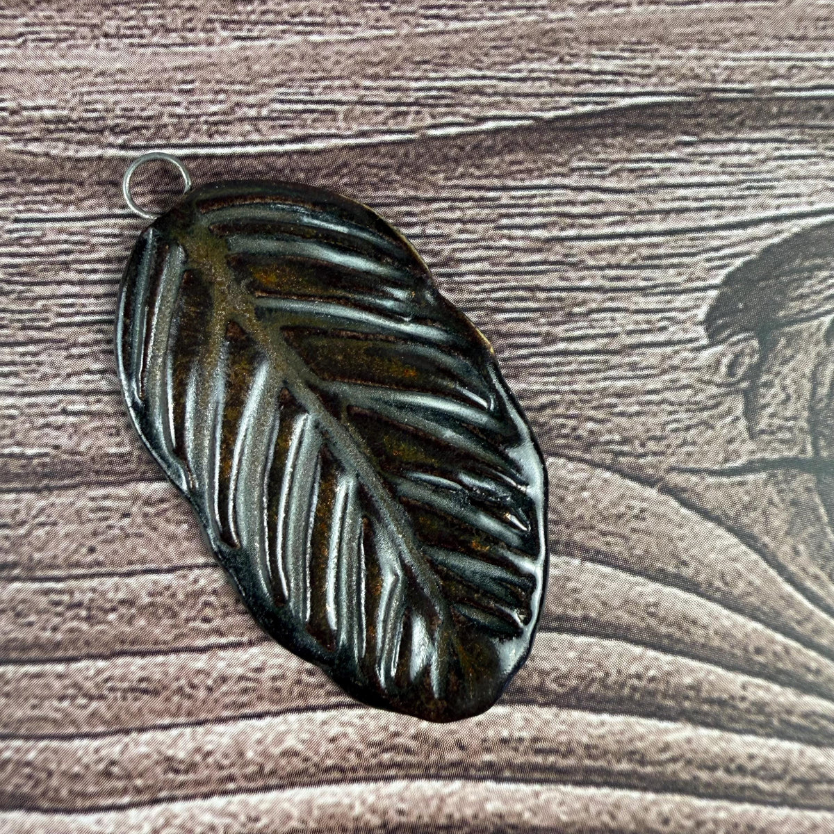 Deep Black and Copper Leaf Ceramic Pendant