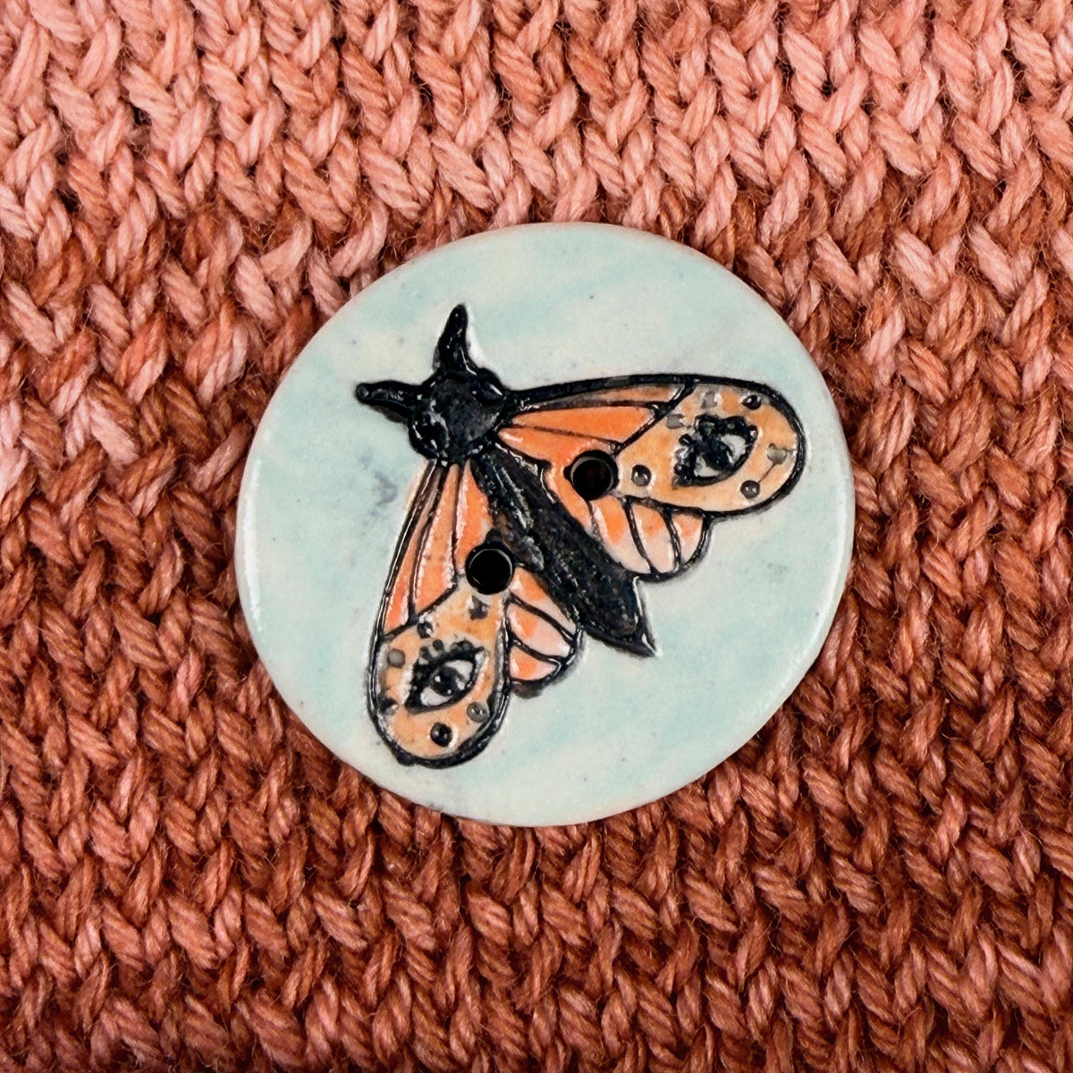 Large Coral and Salmon Moth Aqua Blue Ceramic Button