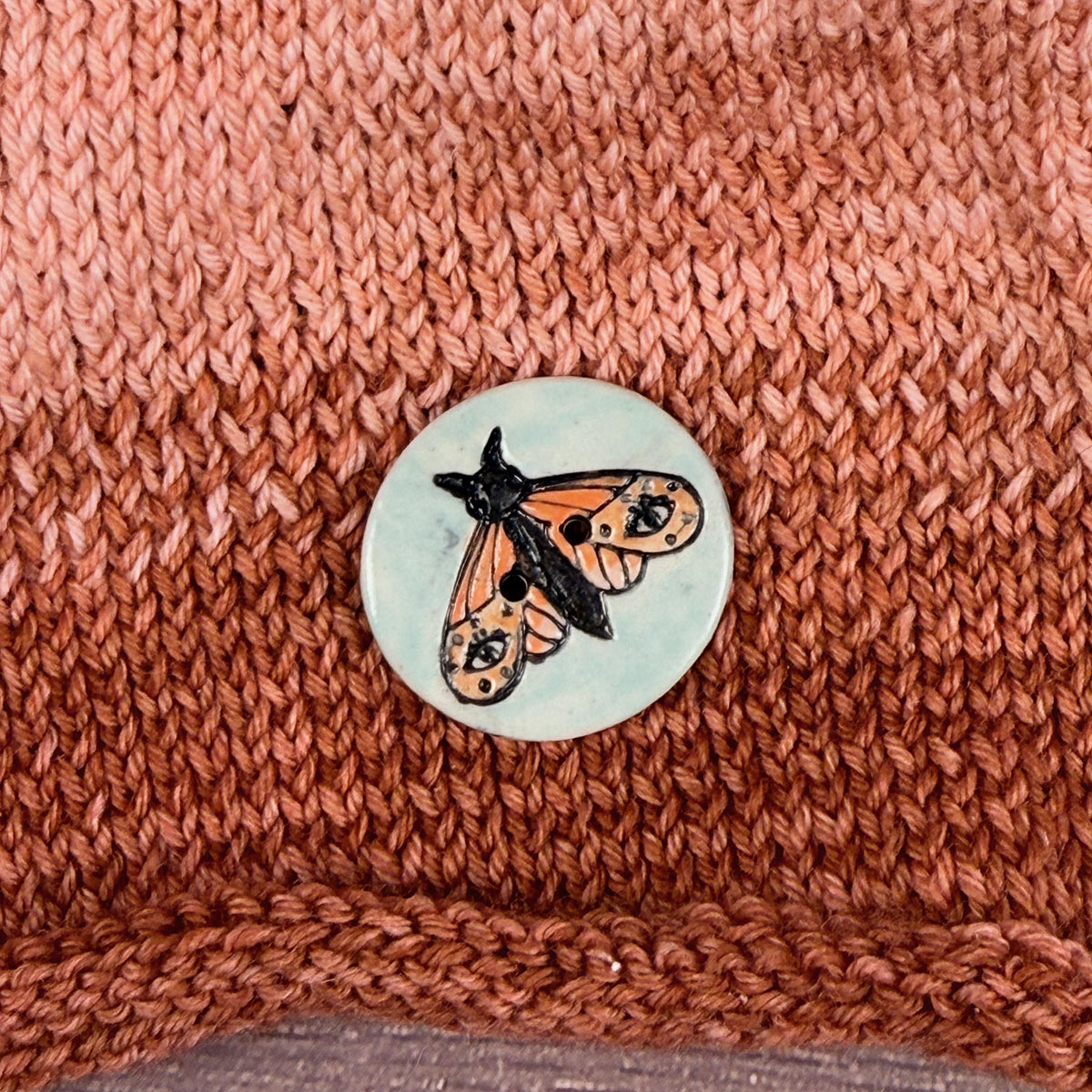 Large Coral and Salmon Moth Aqua Blue Ceramic Button