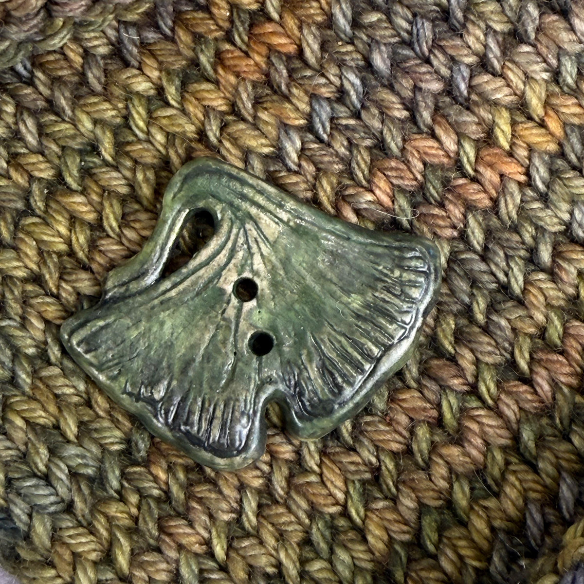 Carved Green Ginkgo Ceramic Button with Dark Green Details