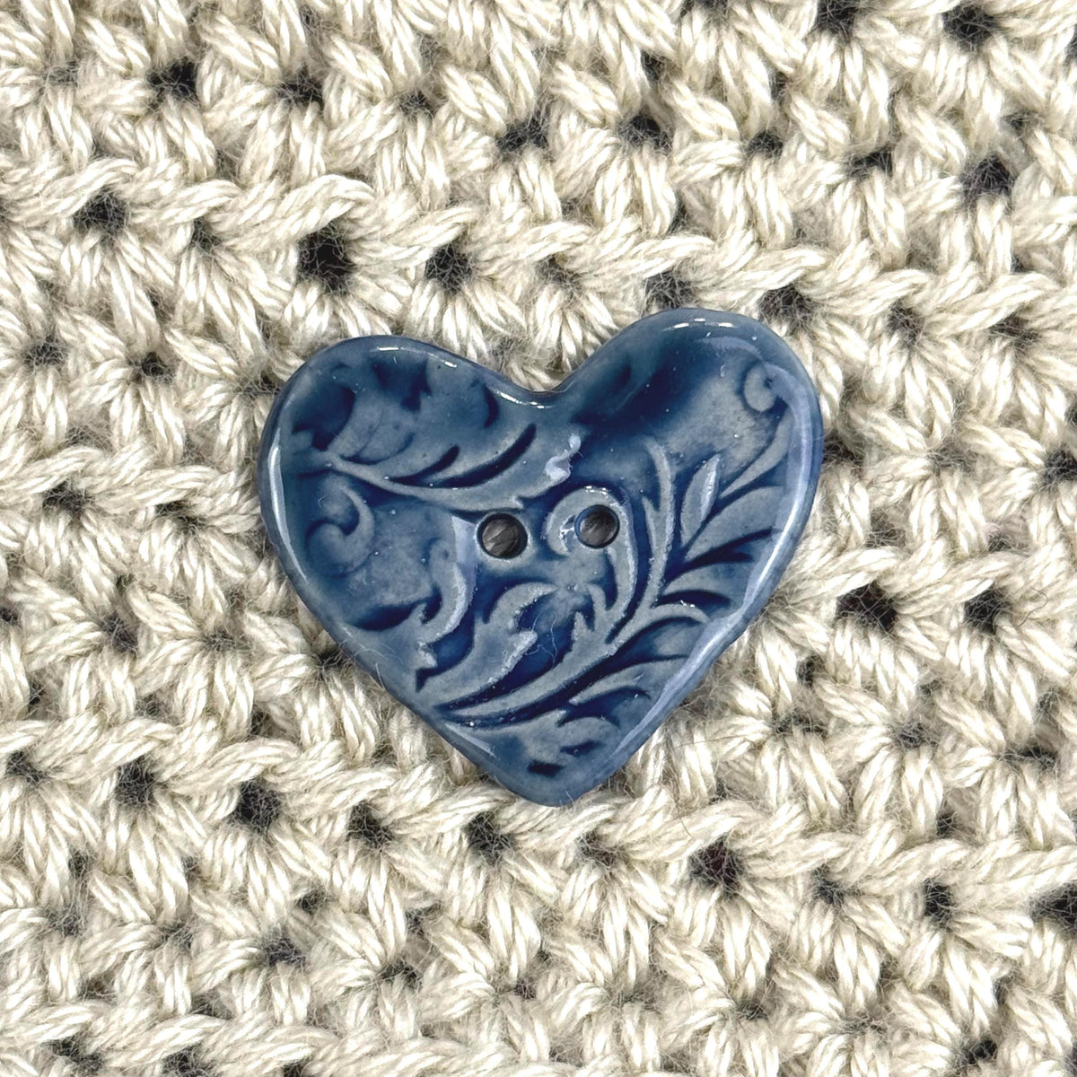 Dark Blue Patterned Heart Ceramic Button