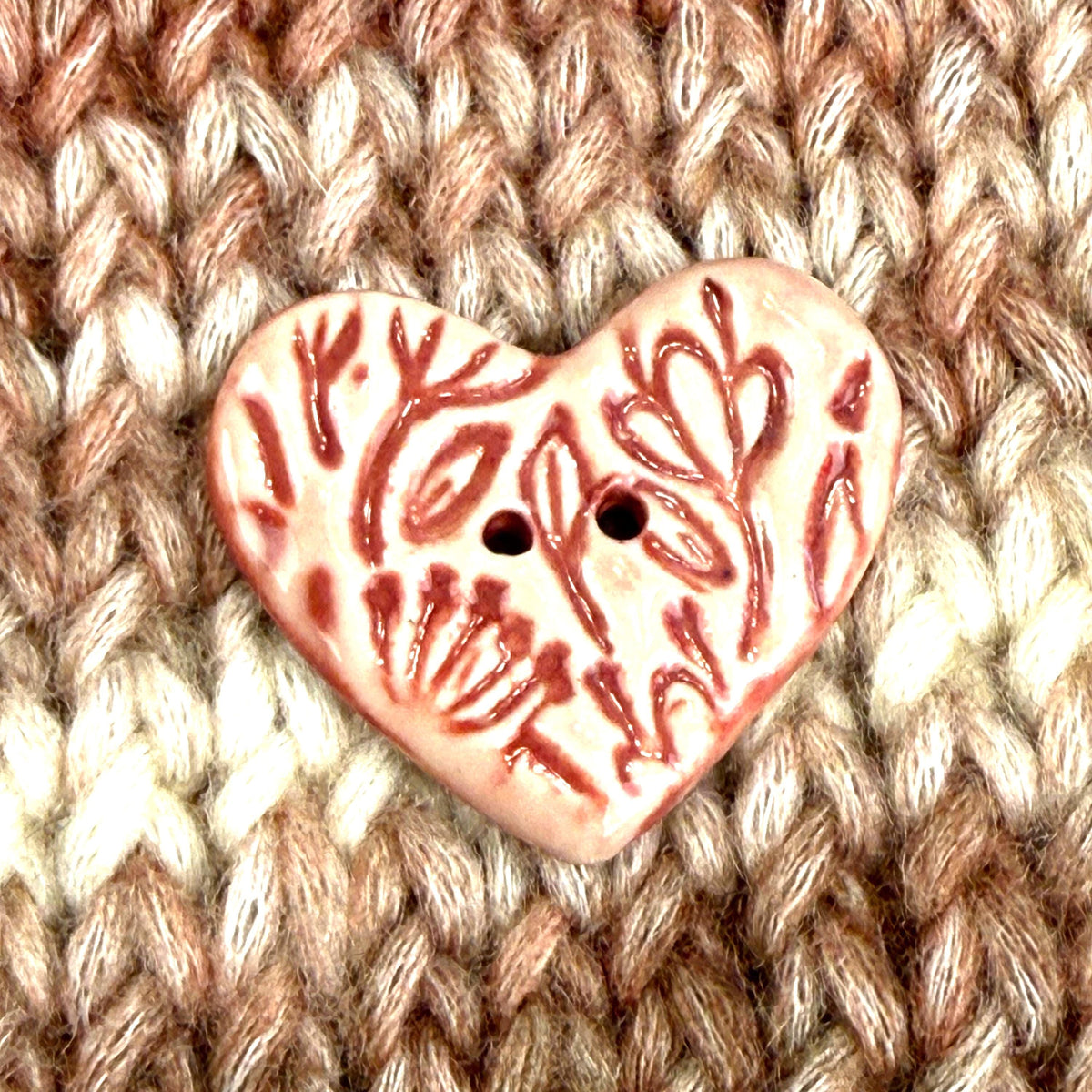 Red and Pale Pink Floral Patterned Heart Ceramic Button