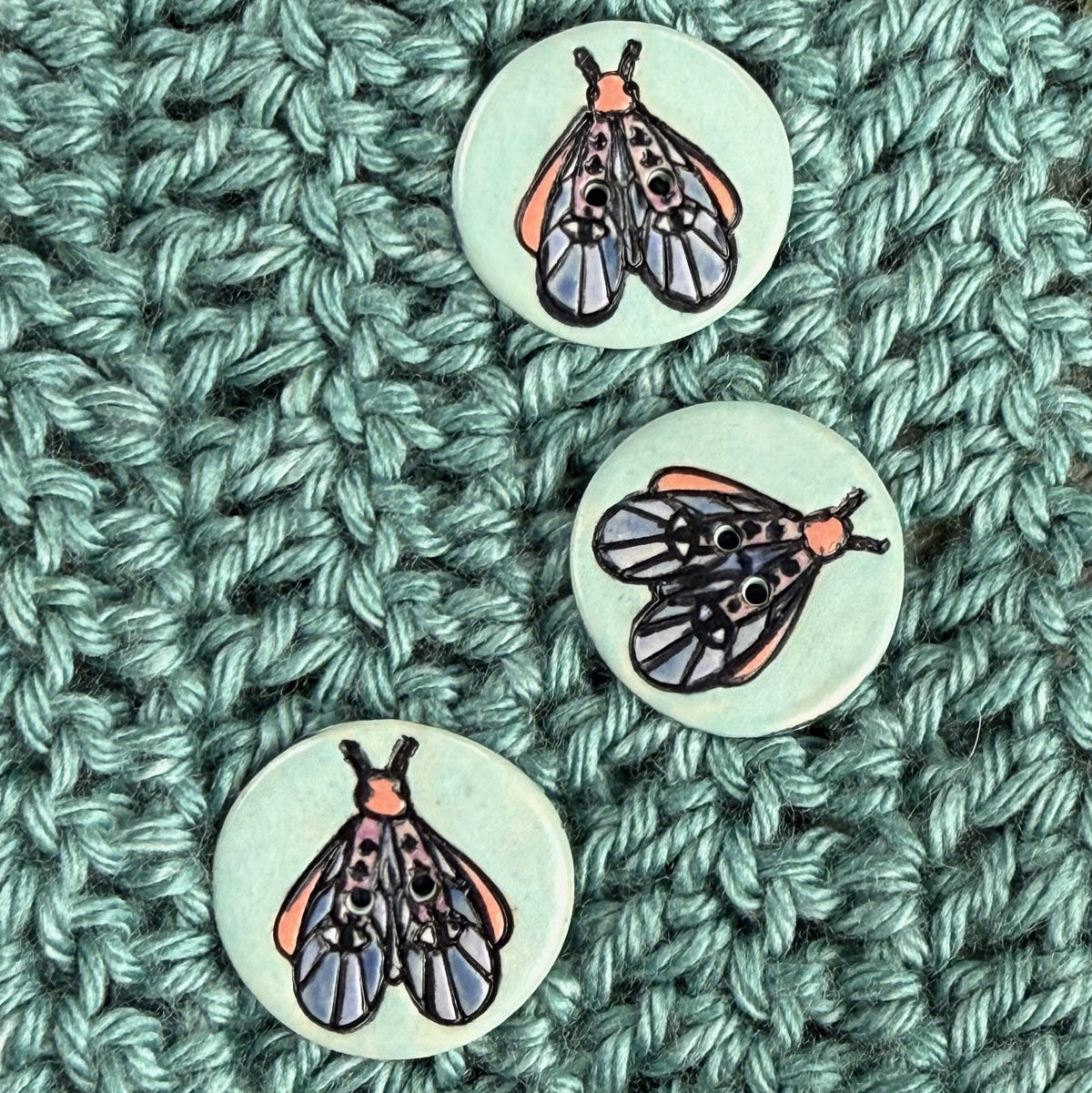 Blue Moth with Eyes on Aqua Blue Ceramic Button