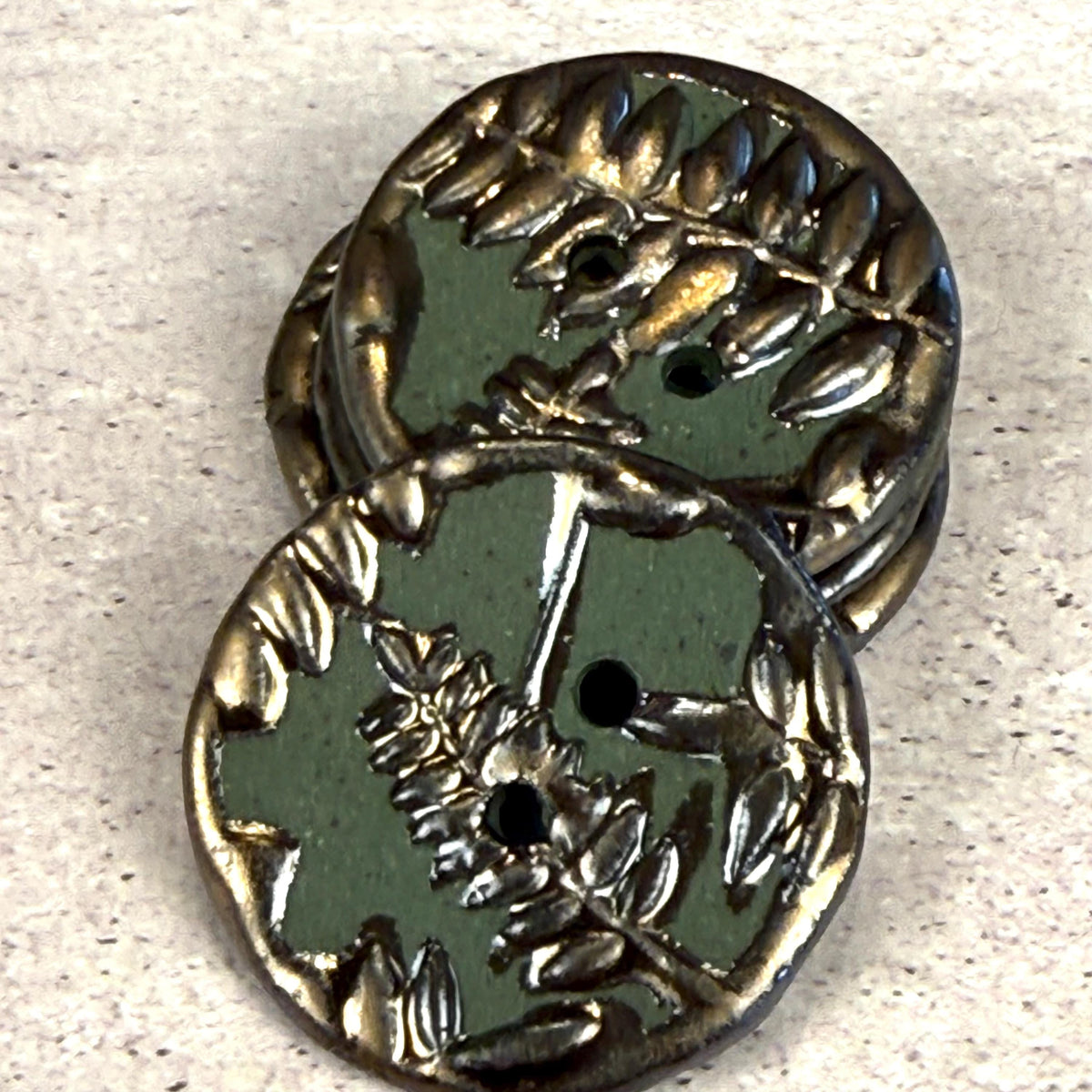 Gold Fern Leaves on Green Porcelain Round Buttons