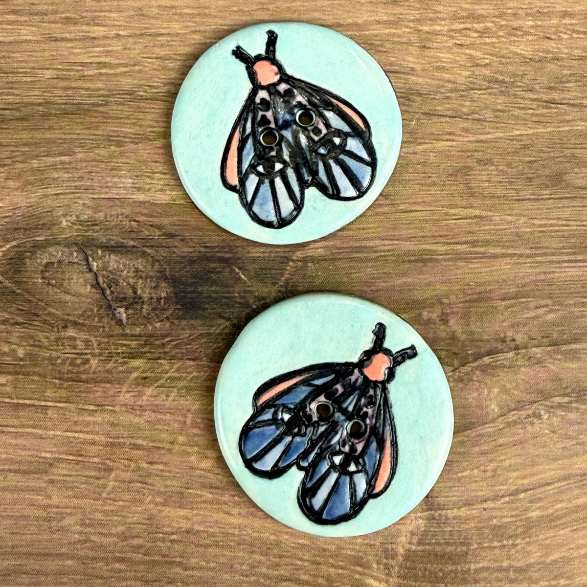 Blue Moth with Eyes on Aqua Blue Ceramic Button