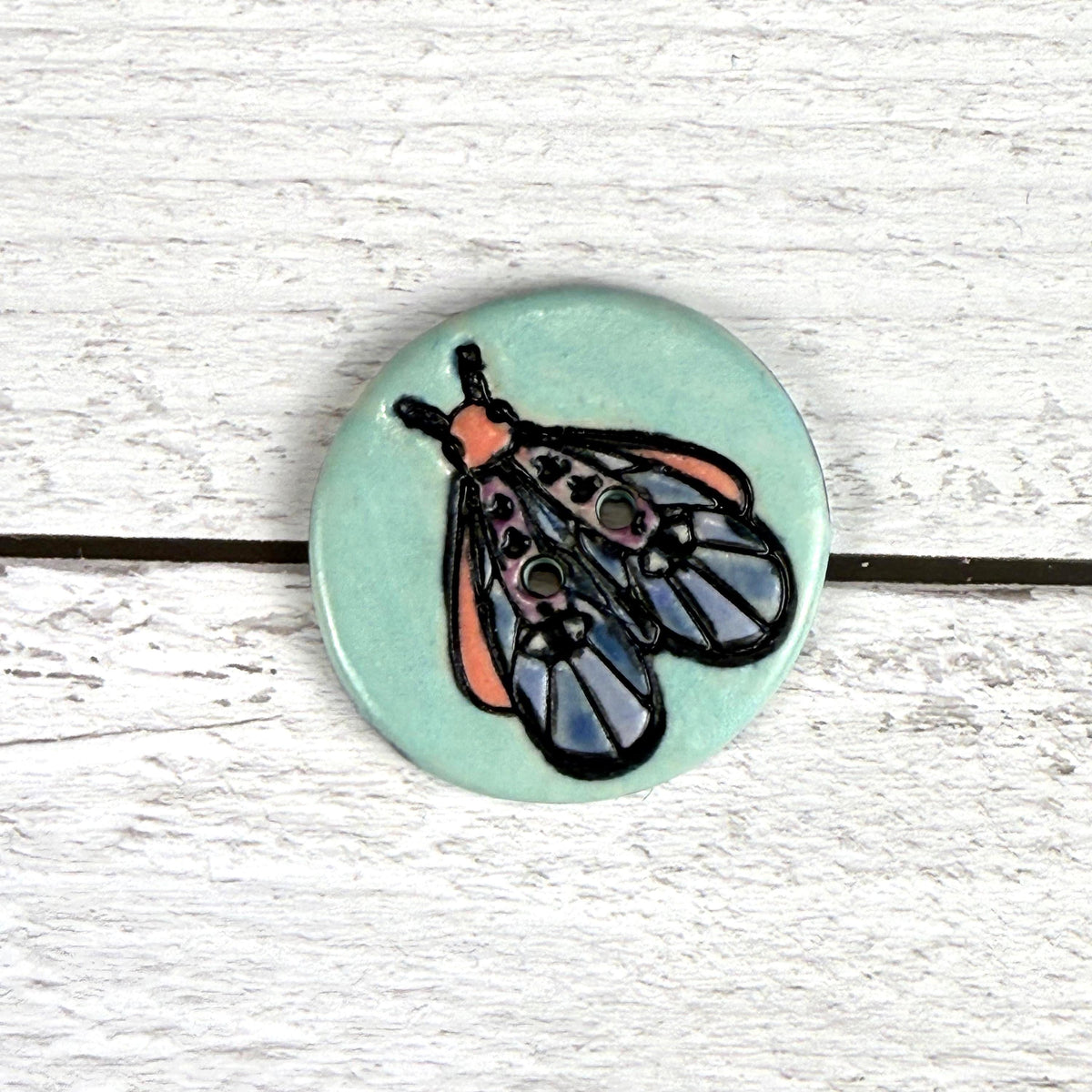 Blue Moth with Eyes on Aqua Blue Ceramic Button
