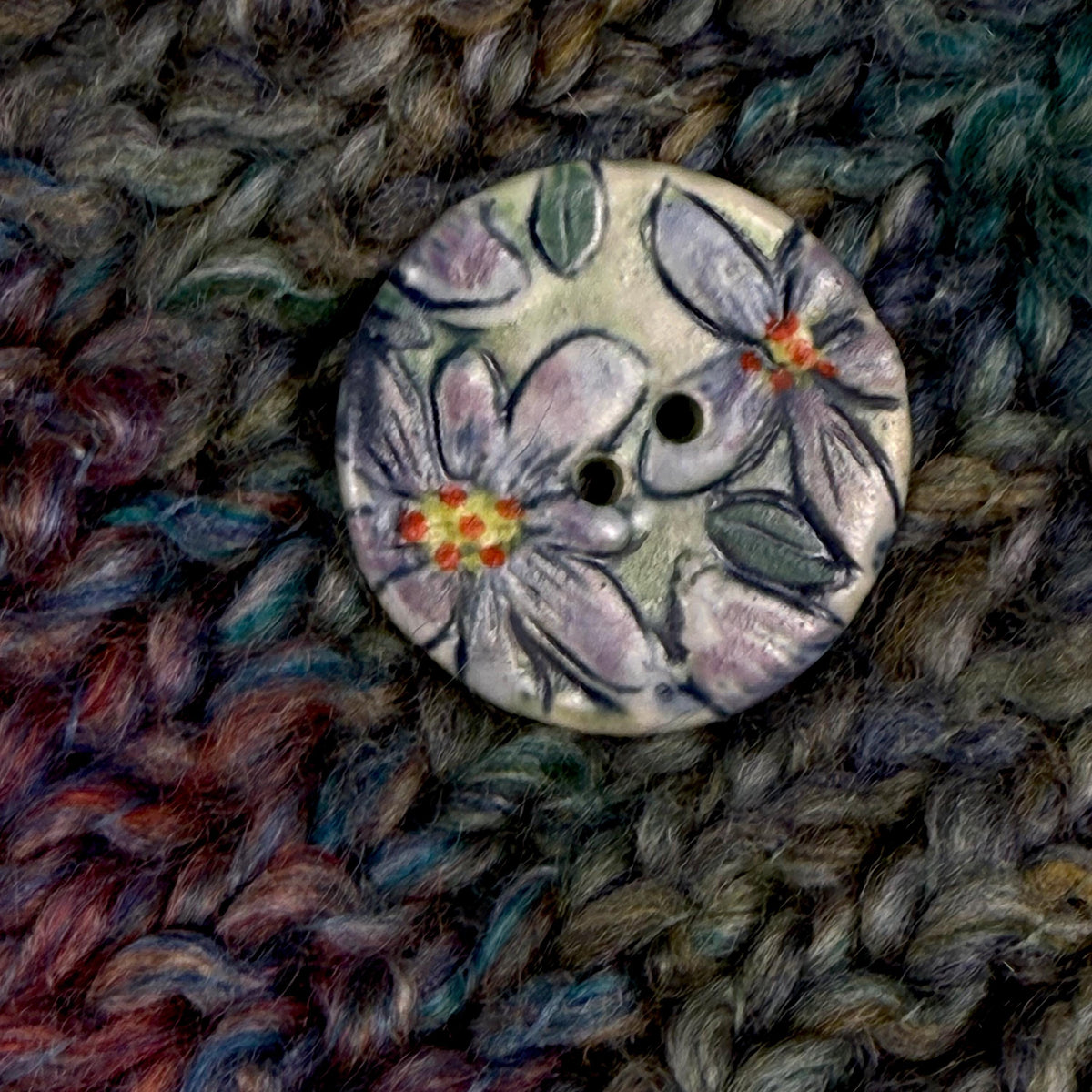 Purple Flowers on Green Round Buttons